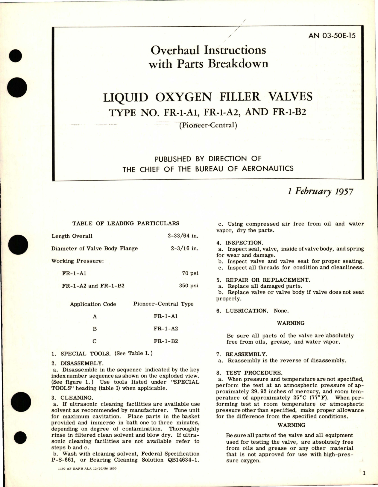 Sample page 1 from AirCorps Library document: Overhaul Instructions with Parts Breakdown for Liquid Oxygen Filler Valves - Types FR-1-A1, FR-1-A2, and FR-1-B2