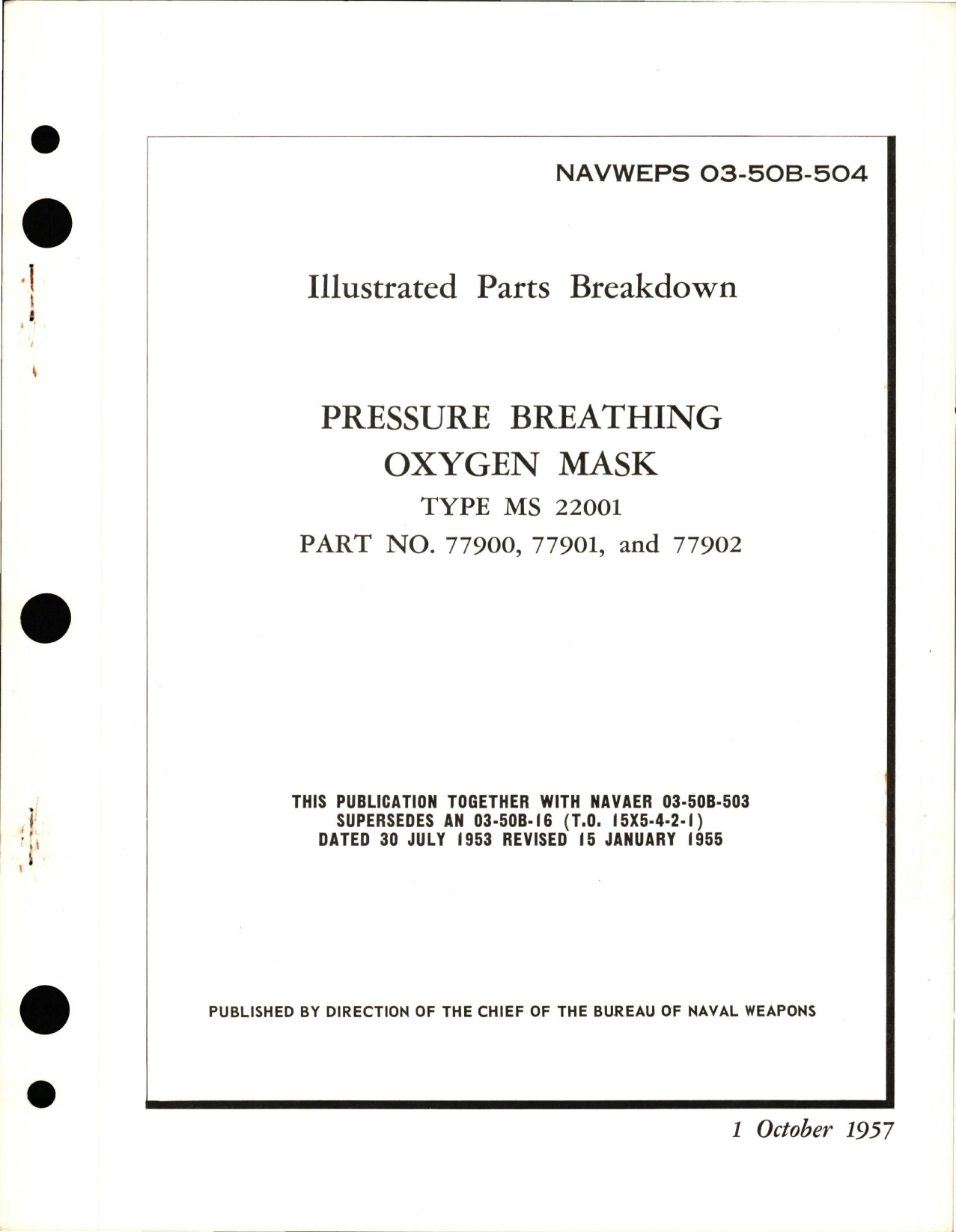Sample page 1 from AirCorps Library document: Illustrated Parts Breakdown for Pressure Breathing Oxygen Mask - Type MS 22001 - Parts 77900, 77901, and 77902 