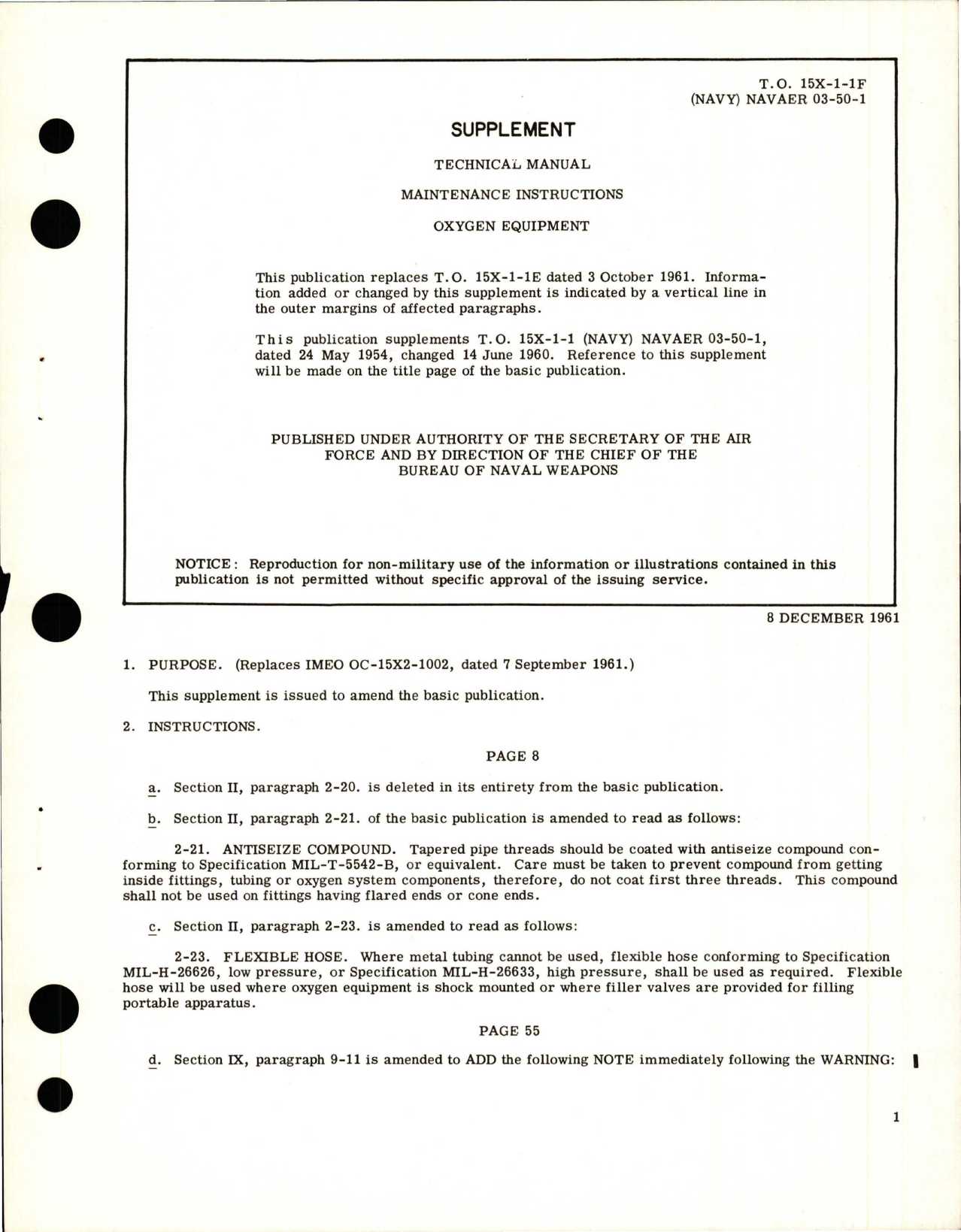 Sample page 1 from AirCorps Library document: Supplement to Maintenance Instructions for Oxygen Equipment