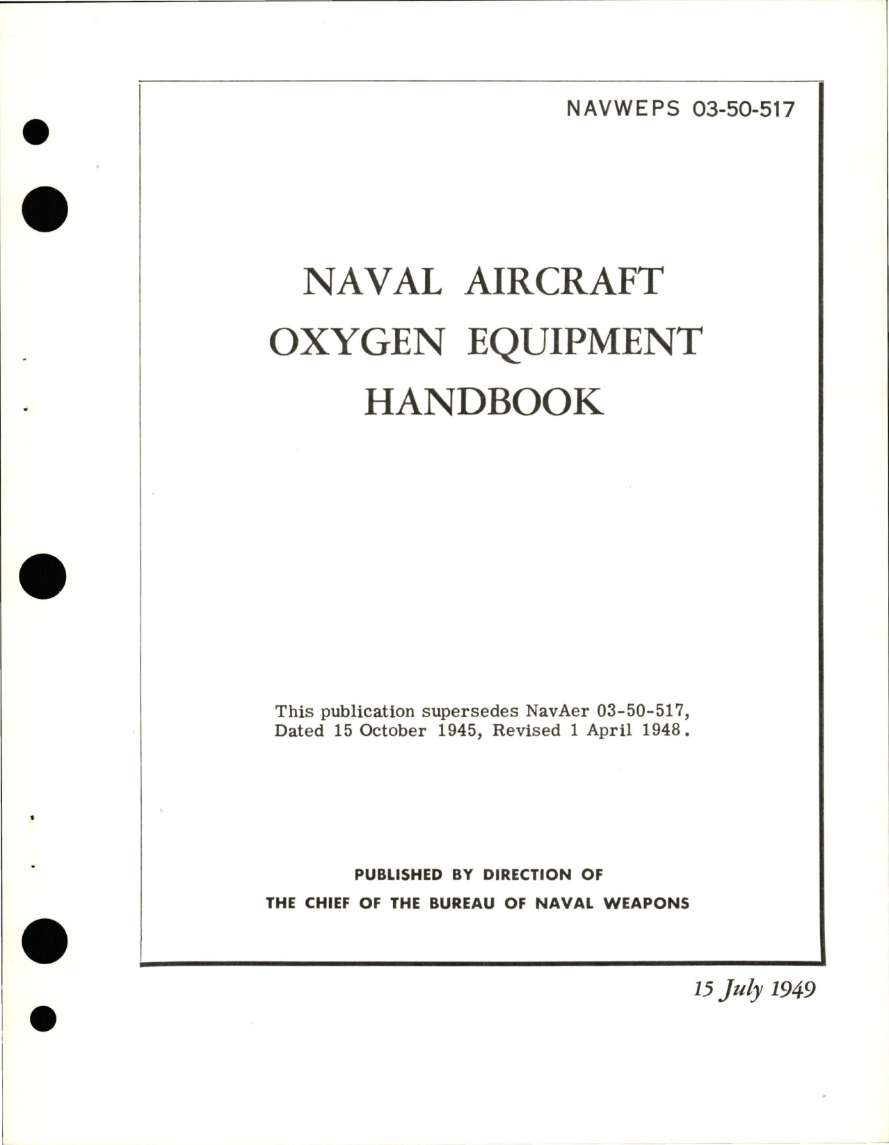 Sample page 1 from AirCorps Library document: Handbook for Naval Aircraft for Oxygen Equipment