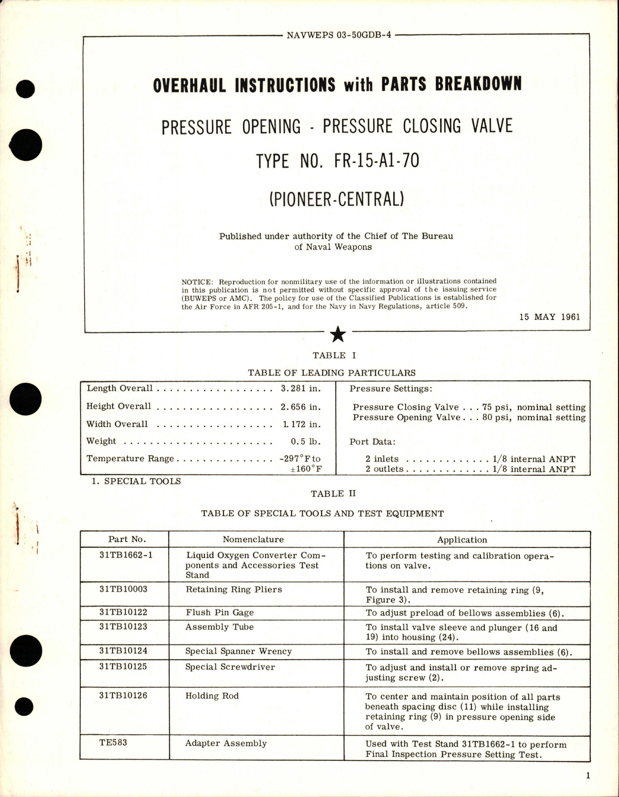 Sample page 1 from AirCorps Library document: Overhaul Instructions with Parts Breakdown for Pressure Opening and Closing Valve - Type FR-15-A1-70