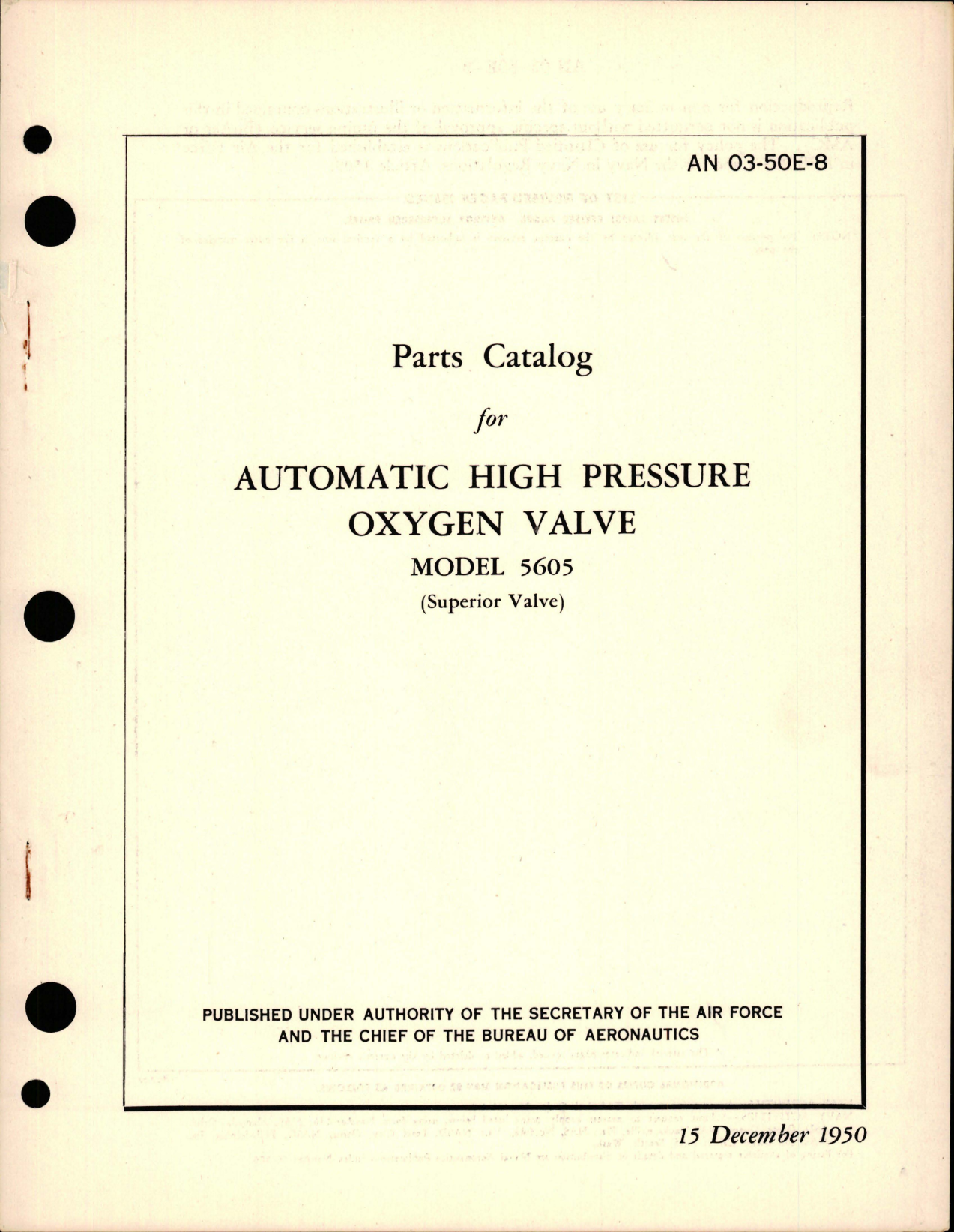 Sample page 1 from AirCorps Library document: Parts Catalog for Automatic High Pressure Oxygen Valve - Model 5605