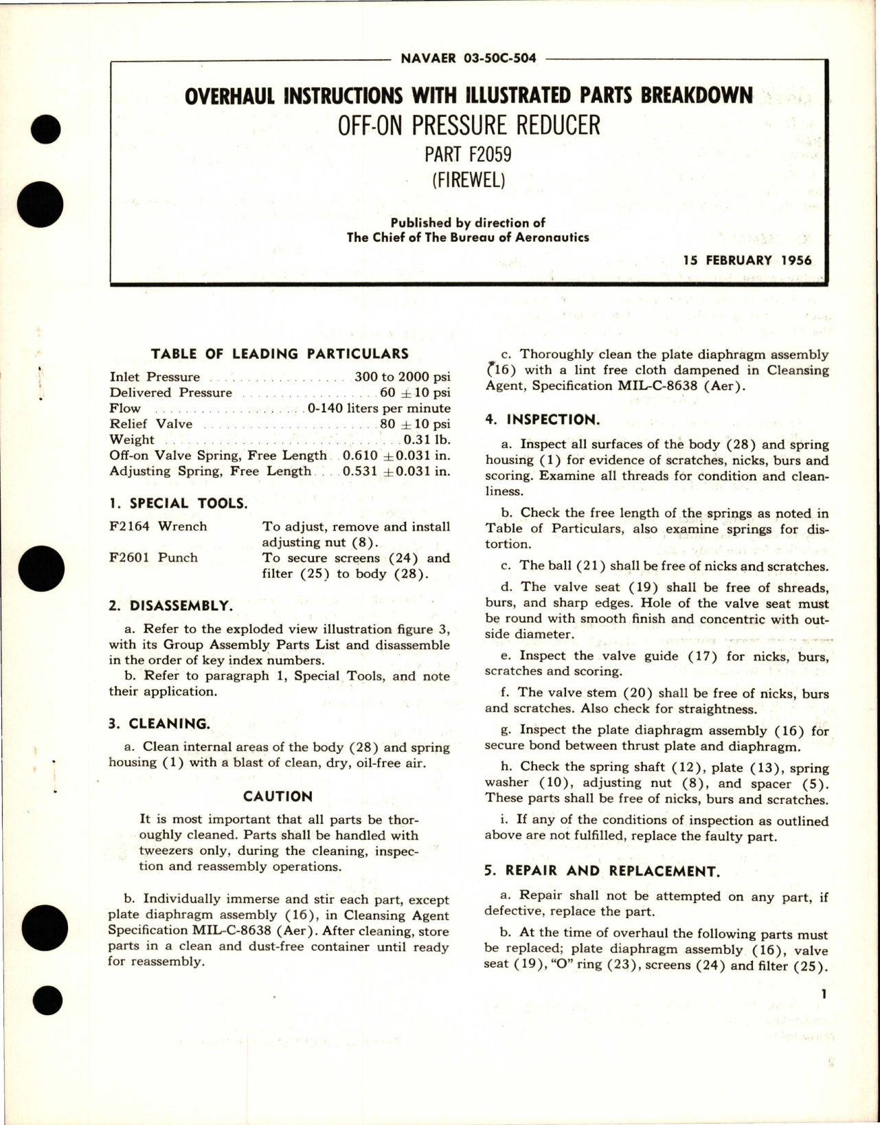 Sample page 1 from AirCorps Library document: Overhaul Instructions with Illustrated Parts Breakdown for Off-On Pressure Reducer - Part F2059