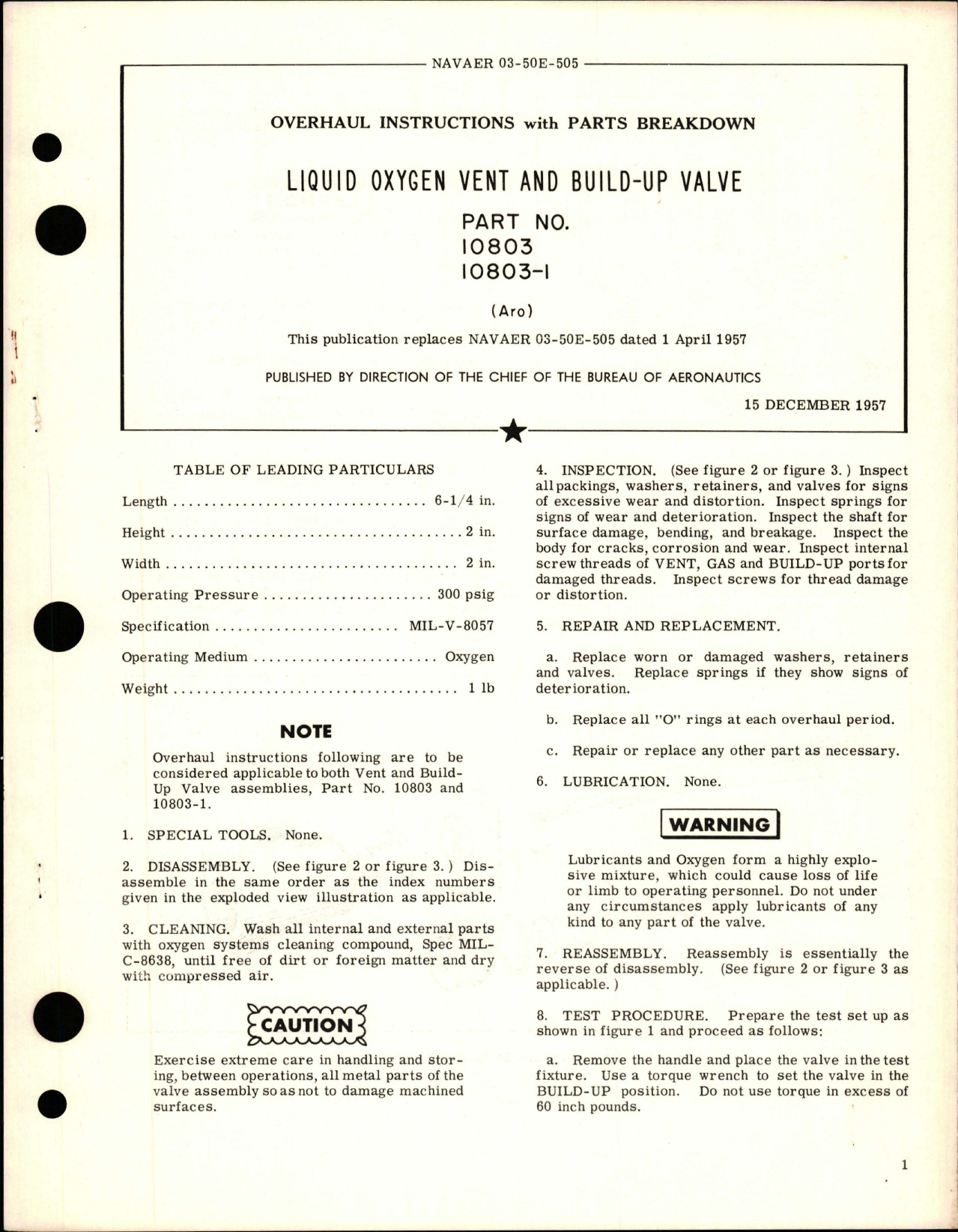Sample page 1 from AirCorps Library document: Overhaul Instructions with Parts Breakdown for Liquid Oxygen Vent and Build-Up Valve - Parts 10803 and 10803-1