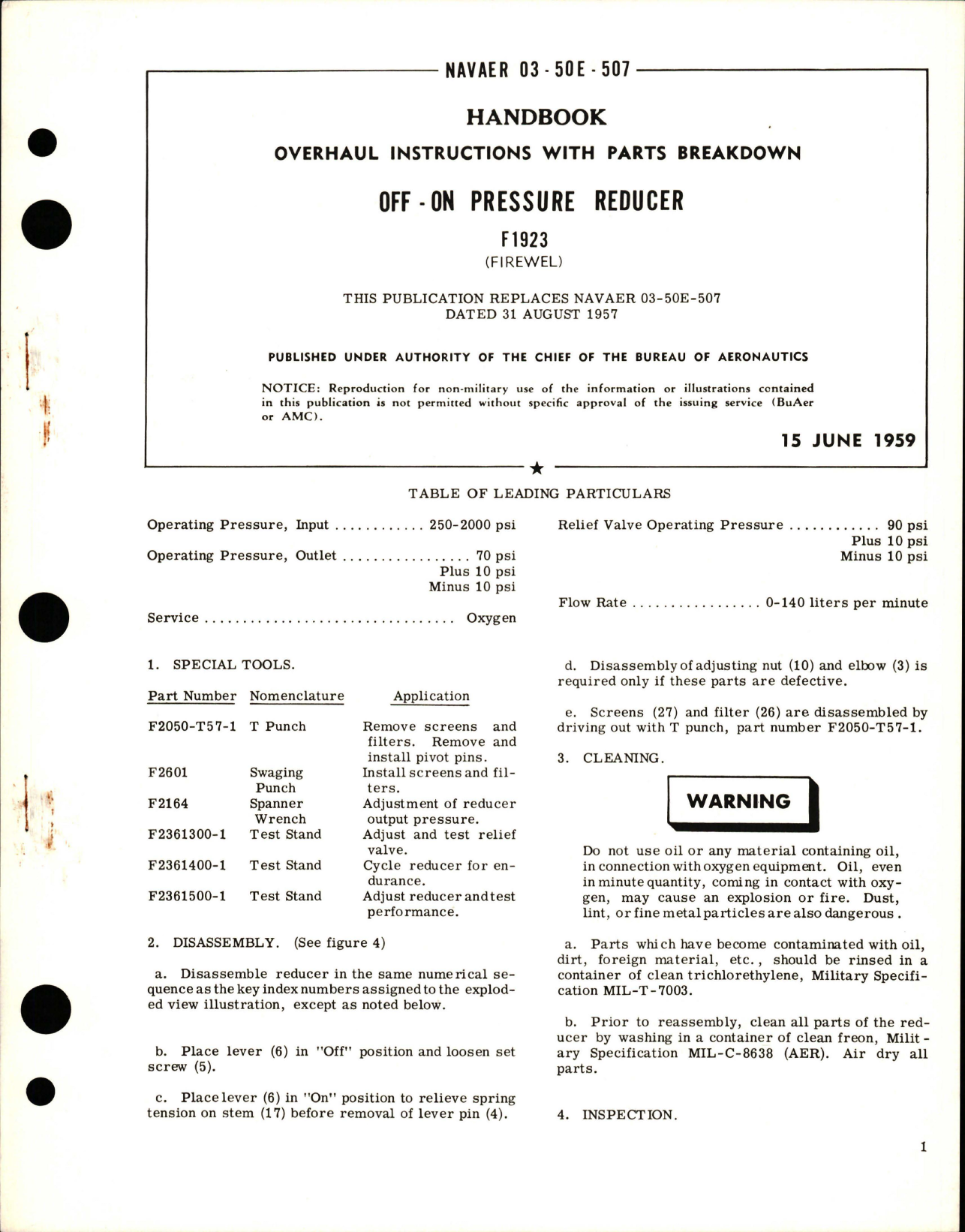 Sample page 1 from AirCorps Library document: Overhaul Instructions with Parts Breakdown for Off - On Pressure Reducer - F1923 