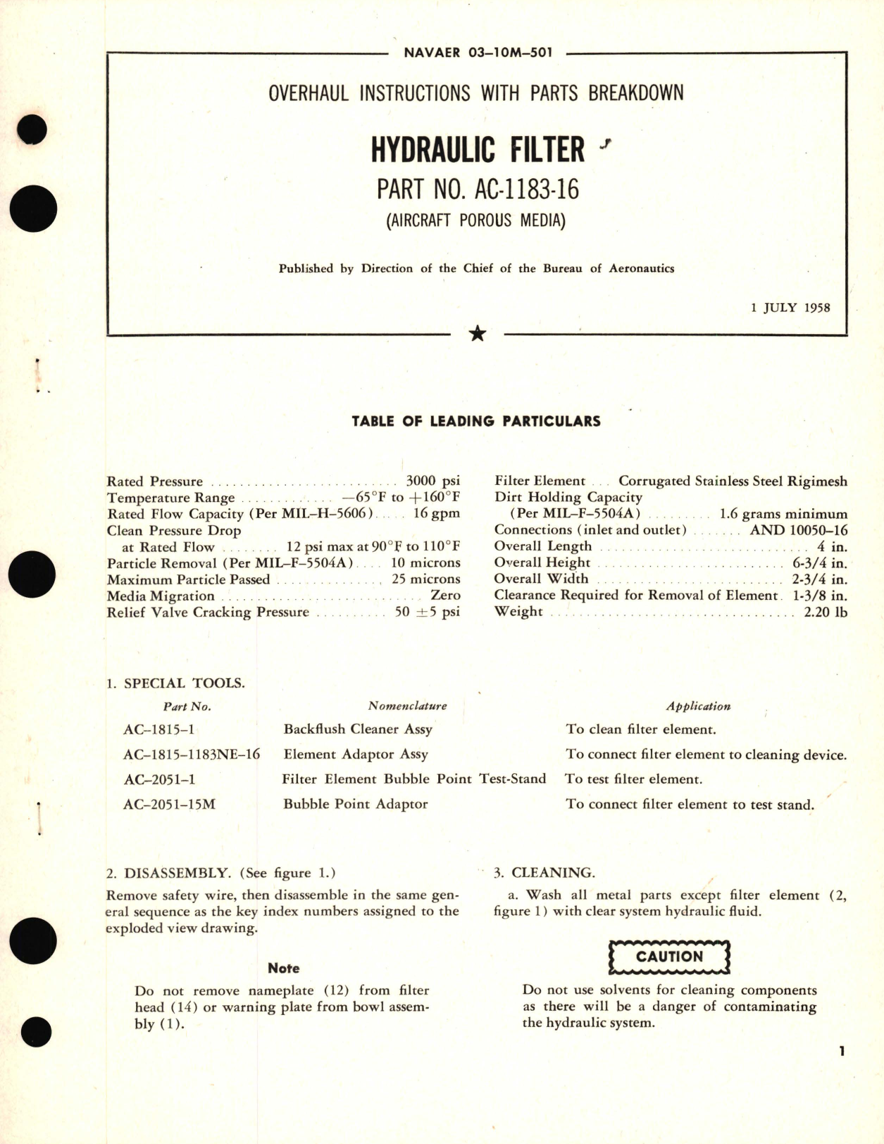 Sample page 1 from AirCorps Library document: Overhaul Instructions with Parts Breakdown for Hydraulic Filter Part No. AC-1183-16 