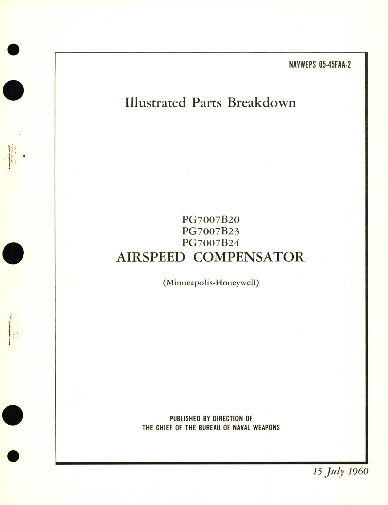 Sample page 1 from AirCorps Library document: Illustrated Parts Breakdown for Airspeed Compensator Part No. PG7007B20, PG7007B23, PG7007B24