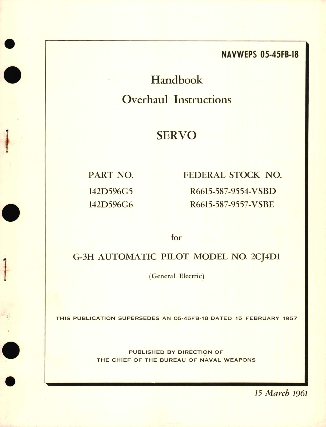 Sample page 1 from AirCorps Library document: Overhaul Instructions for Servo Part No. 142D596G5, 142D596G6 for G-3H Automatic Pilot Model No. 2CJ4D1