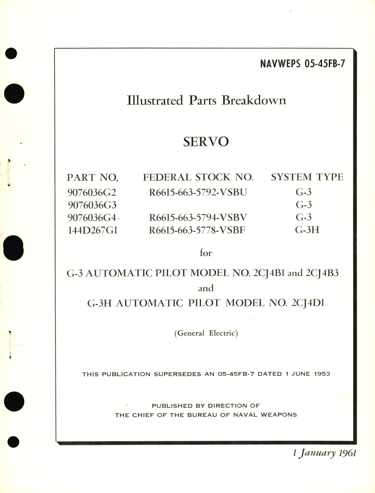 Sample page 1 from AirCorps Library document: Illustrated Parts Breakdown for Servo Part No. 9076036G2, 9076036G3, 9076036G4, 144D267G1 for G-3 Automatic Pilot Model No. 2CJ4B1 and  2CJ4B3 and G-3H Automatic Pilot Model No. 2CJ4D1