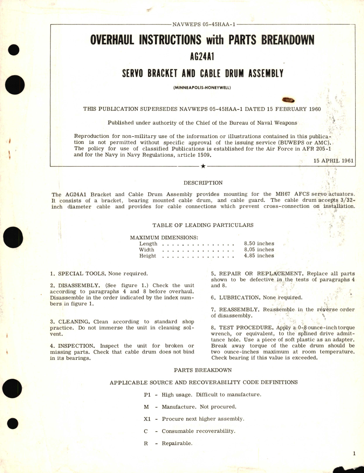 Sample page 1 from AirCorps Library document: Overhaul Instructions with Parts Breakdown for AG24A1 Servo Bracket and Cable Drum Assembly 