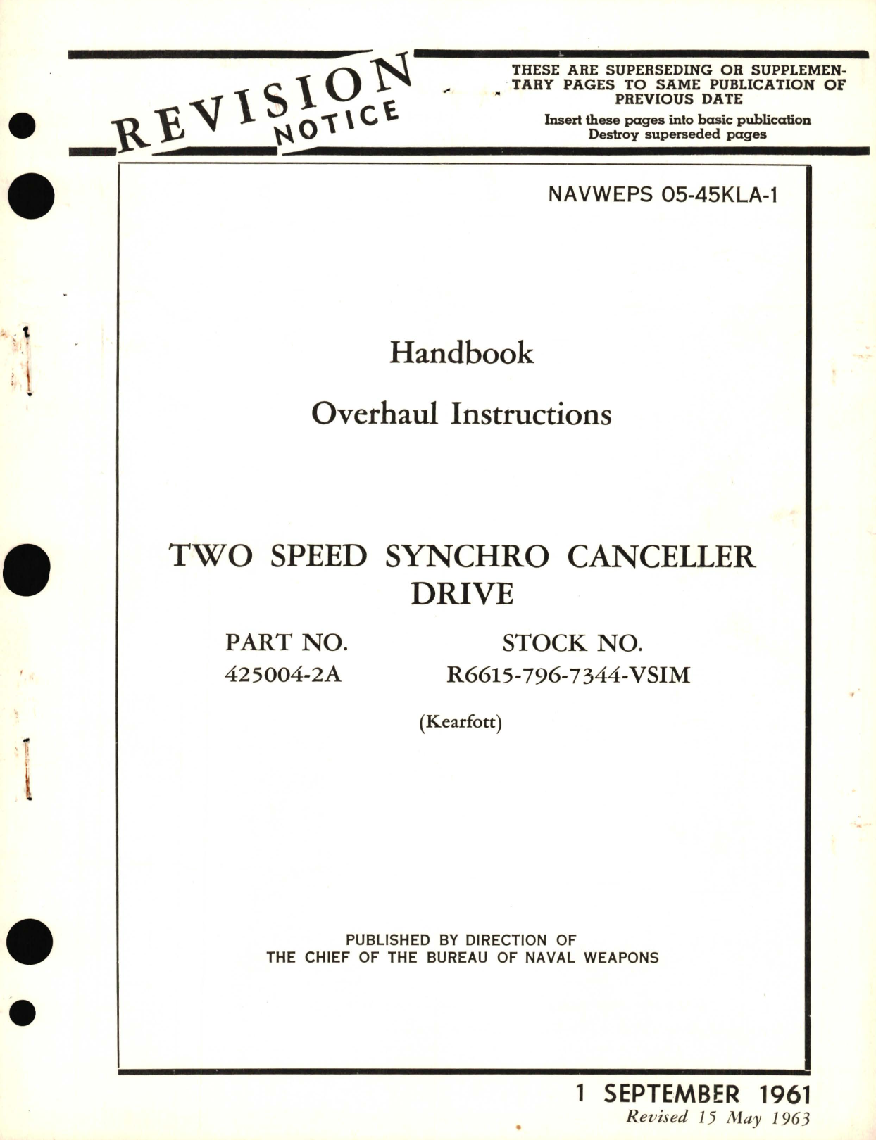 Sample page 1 from AirCorps Library document: Overhaul Instructions for Two Speed Synchro Canceller Drive Part No. 425004-2A 