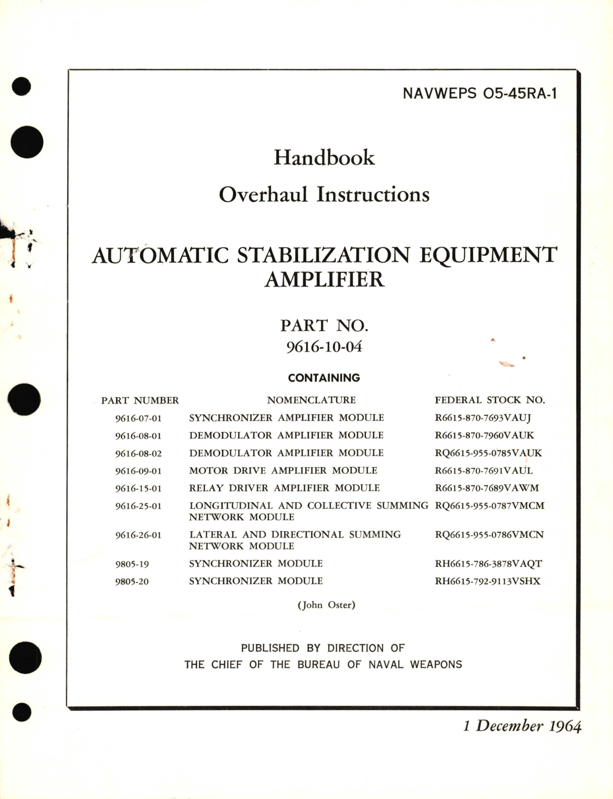 Sample page 1 from AirCorps Library document: Overhaul Instructions for Automatic Stabilization Equipment Amplifier Part No. 9616-10, 9616-07, 9616-08, 9616-09, 9616-15, 9616-25, 9616-26, 9805-19, 9805-20