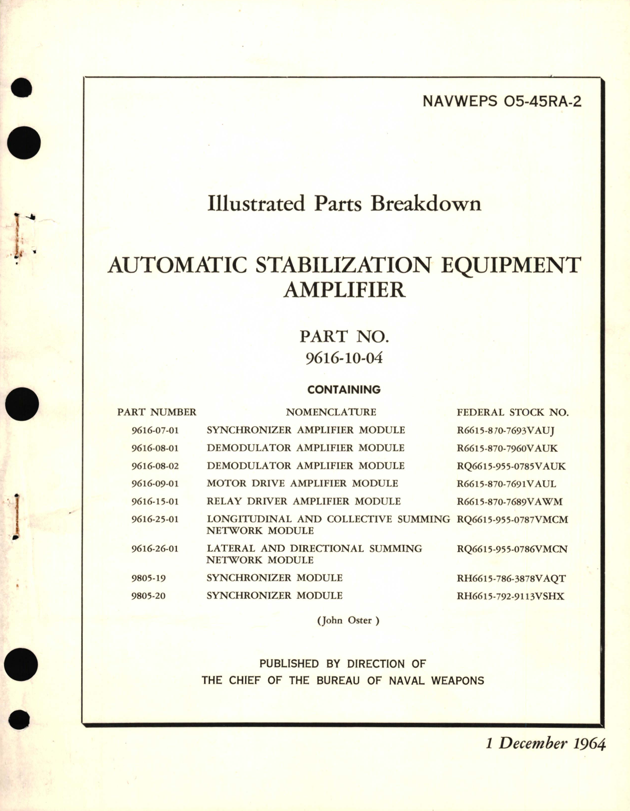 Sample page 1 from AirCorps Library document: Illustrated Parts Breakdown for Automatic Stabilization Equipment Amplifier Part No. 9616-10, 9616-07, 9616-08, 9616-09, 9616-15, 9616-25, 9616-26, 9805-19, 9805-20