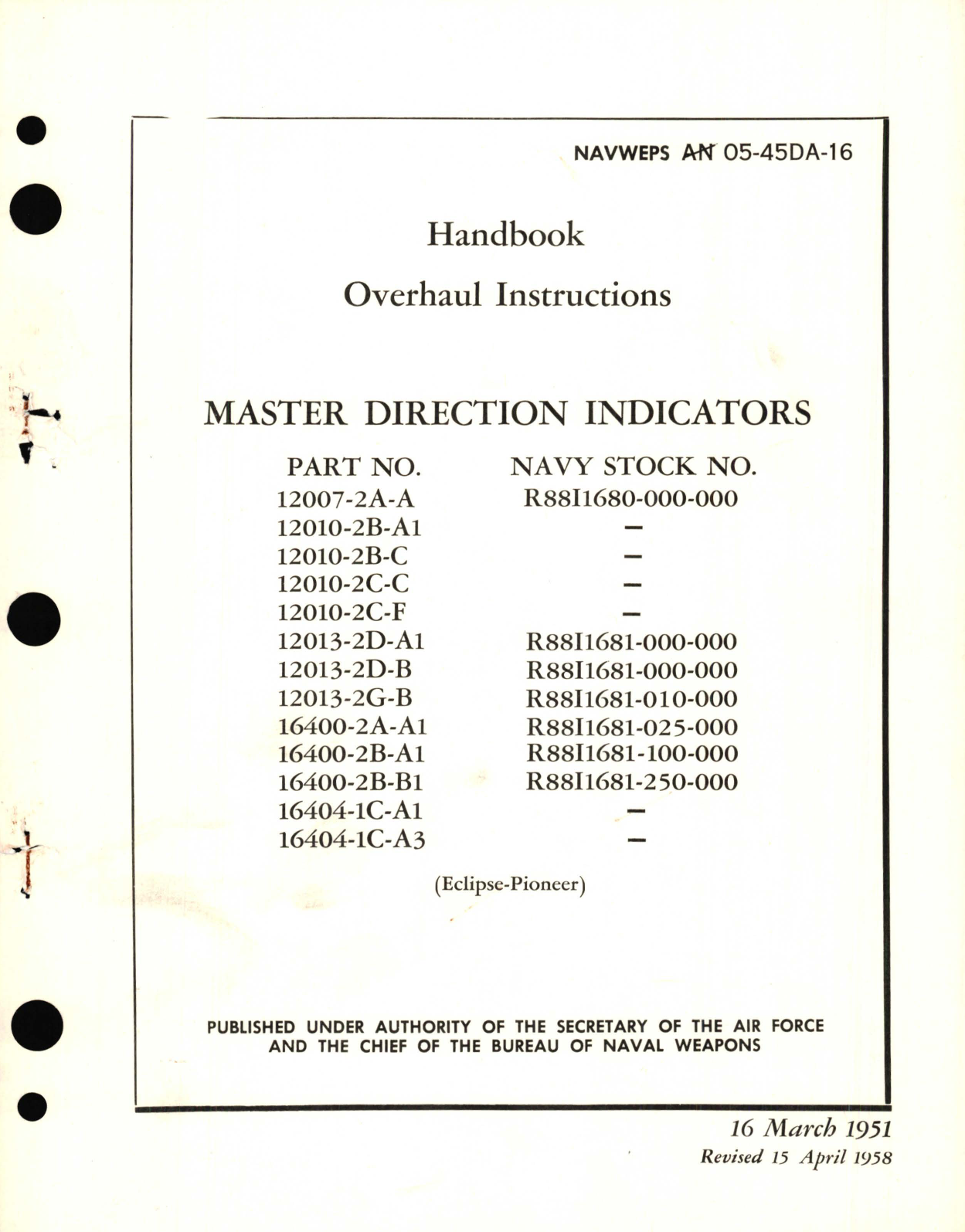 Sample page 1 from AirCorps Library document: Overhaul Instructions for Master Direction Indicators Part No. 12007, 12010, 12013, 16400, 16404 