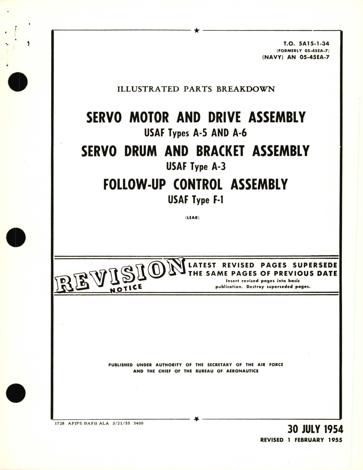 Sample page 1 from AirCorps Library document: Illustrated Parts Breakdown for Servo Motor and Drive Assembly USAF Types A-5 and A-6 Servo Drum and Bracket Assembly USAF Type A-3 Follow-Up Control Assembly USAF Type F-1