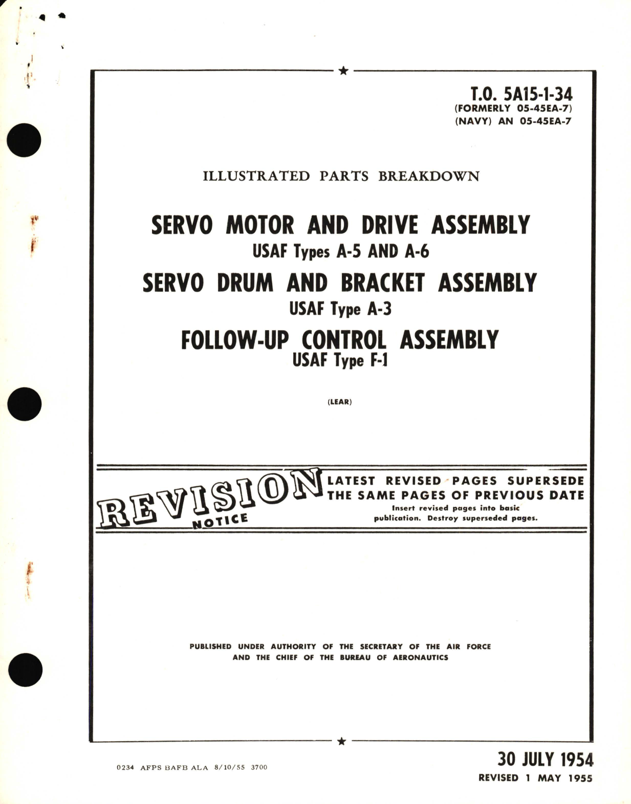 Sample page 1 from AirCorps Library document: Illustrated Parts Breakdown for Servo Motor and Drive Assembly USAF Types A-5 and A-6 Servo Drum and Bracket Assembly USAF Type A-3 Follow-Up Control Assembly USAF Type F-1