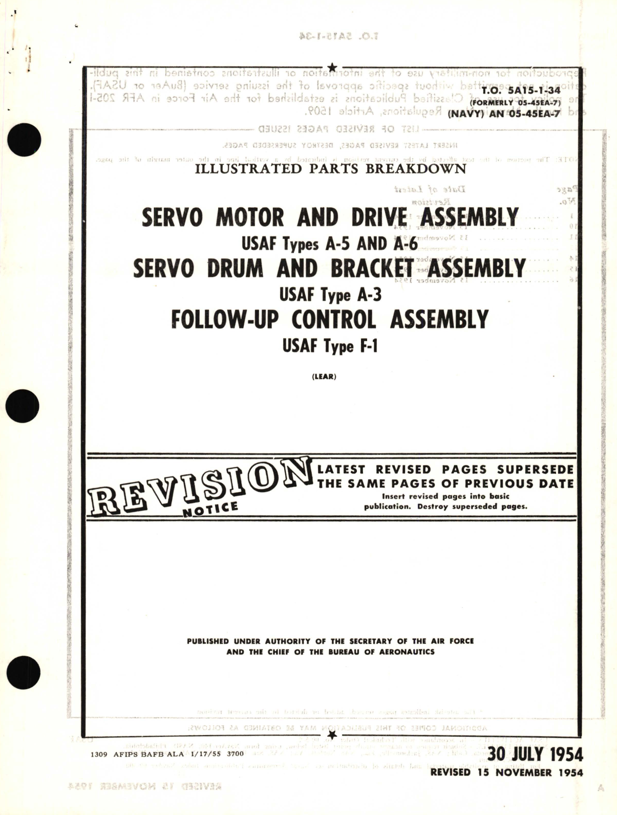 Sample page 1 from AirCorps Library document: Illustrated Parts Breakdown for Servo Motor and Drive Assembly USAF Types A-5 and A-6 Servo Drum and Bracket Assembly USAF Type A-3 Follow-Up Control Assembly USAF Type F-1