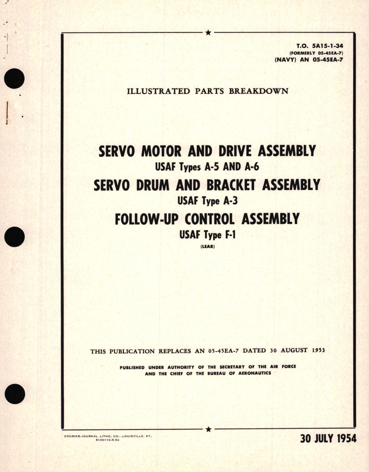 Sample page 1 from AirCorps Library document: Illustrated Parts Breakdown for Servo Motor and Drive Assembly USAF Types A-5 and A-6 Servo Drum and Bracket Assembly USAF Type A-3 Follow-Up Control Assembly USAF Type F-1