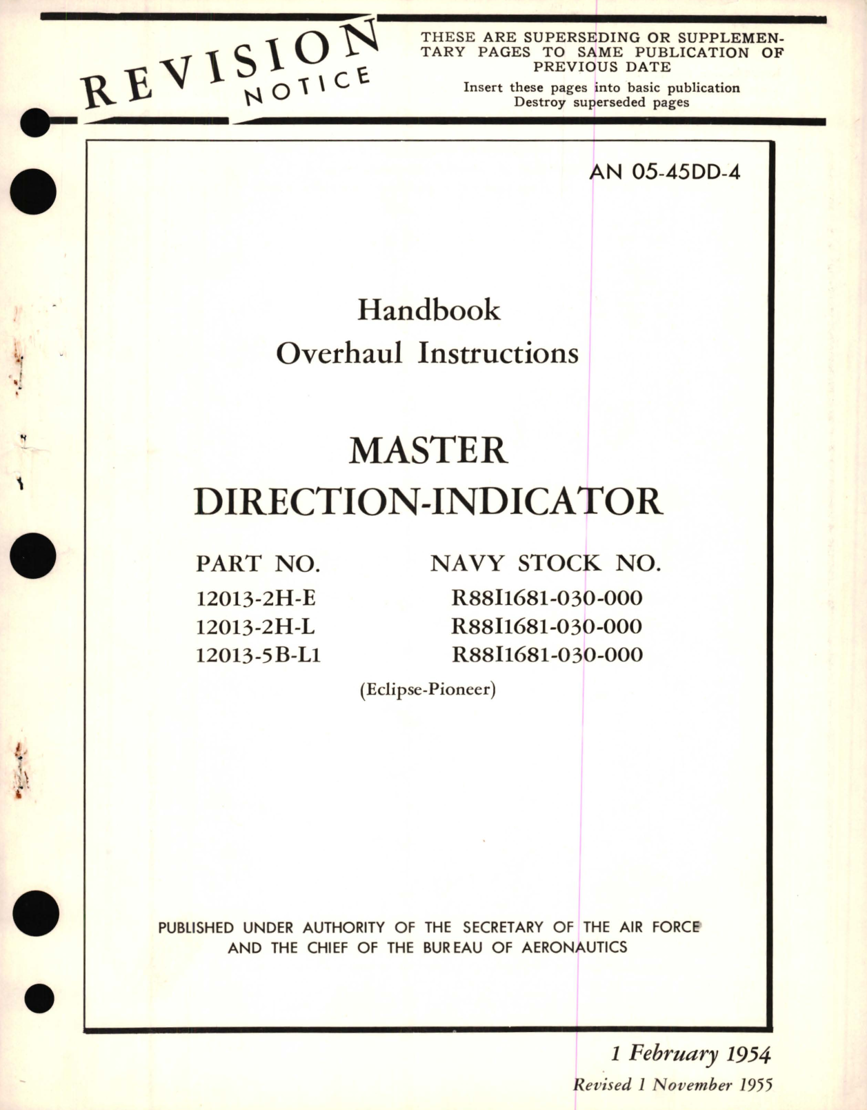 Sample page 1 from AirCorps Library document: Overhaul Instructions for Master Direction-Indicator Part No.  12013-2H-E,  12013-2H-L, 12013-SB-L1