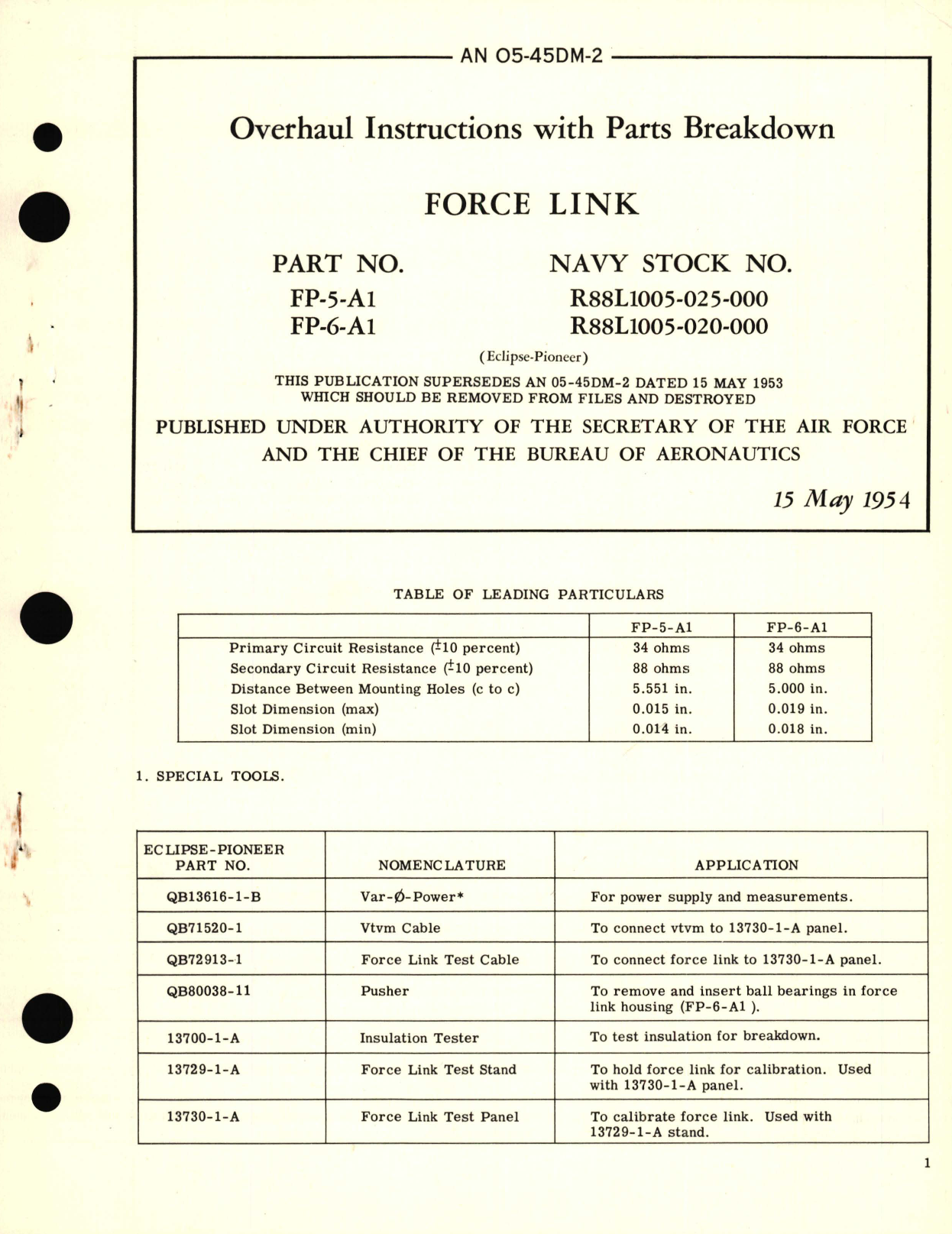 Sample page 1 from AirCorps Library document: Overhaul Instructions with Parts Breakdown for Force Link Part No.  FP-5-A1, FP-6-A1