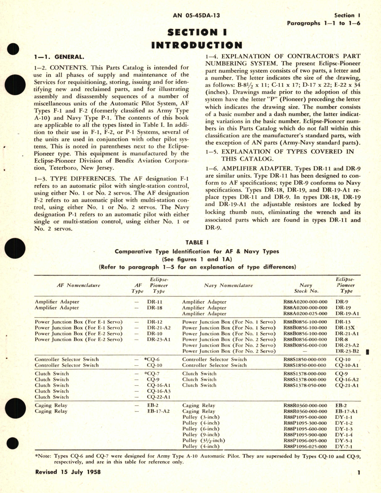 Sample page 7 from AirCorps Library document: Parts Catalog for Amplifier Adapter DR Power Junction Box DR Control Selector Switch CQ Clutch Switch CQ Caging Relay EB Pulley DY