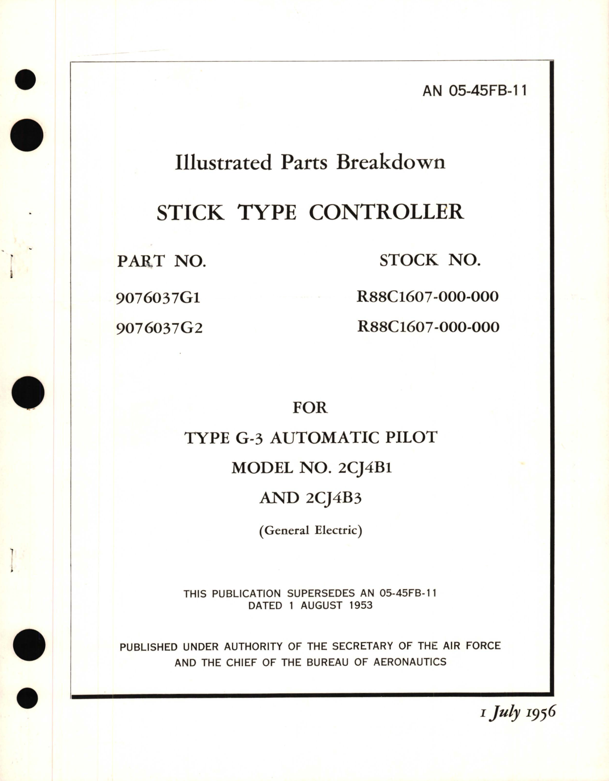 Sample page 1 from AirCorps Library document: Illustrated Parts Breakdown for Stick Type Controller Part No. 9076037G1, 9076037G2 for Type G-3 Automatic Pilot Model No. 2CJ4B1 and 2CJ4B3