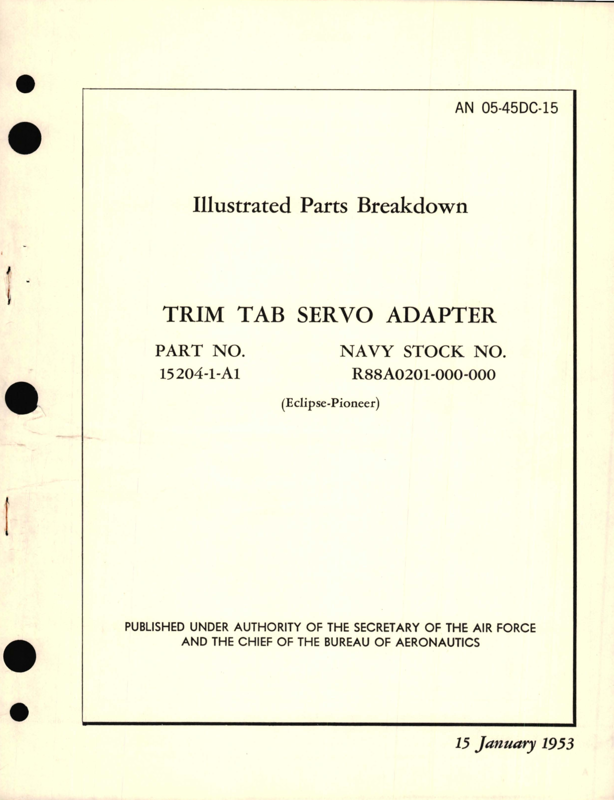 Sample page 1 from AirCorps Library document: Illustrated Parts Breakdown for Trim Tab Servo Adapter Part No. 15204-1-A1