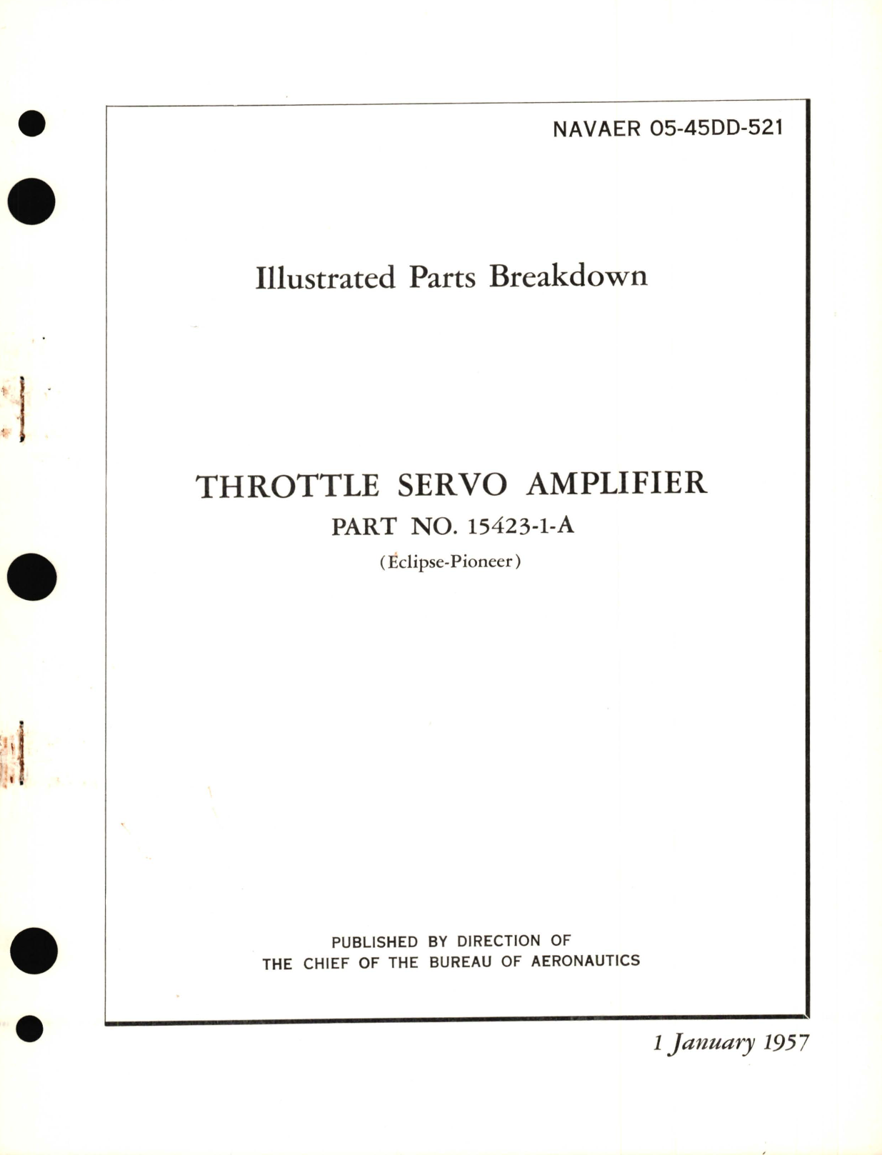 Sample page 1 from AirCorps Library document: Illustrated Parts Breakdown for Throttle Servo Amplifier Part No. 15423-1-A