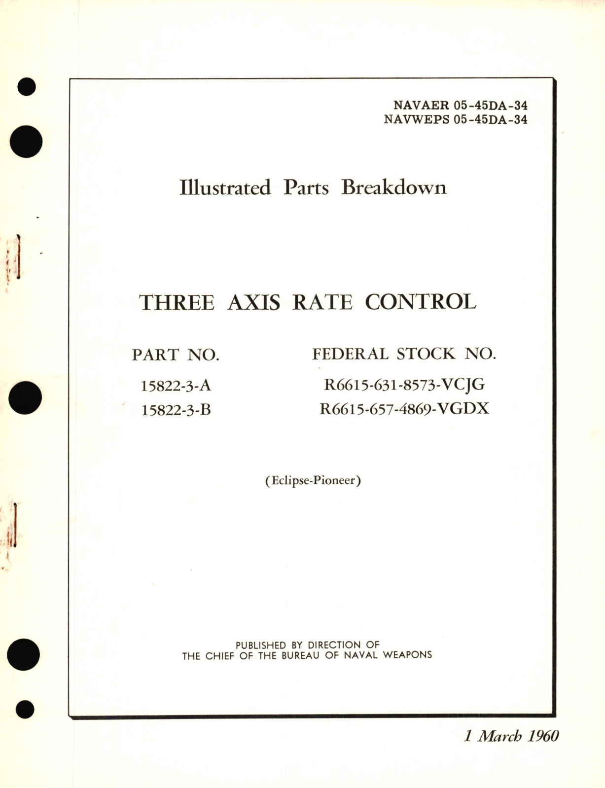 Sample page 1 from AirCorps Library document: Illustrated Parts Breakdown for Three Axis Rate Control Part No. 15822-3-A, 15822-3-B