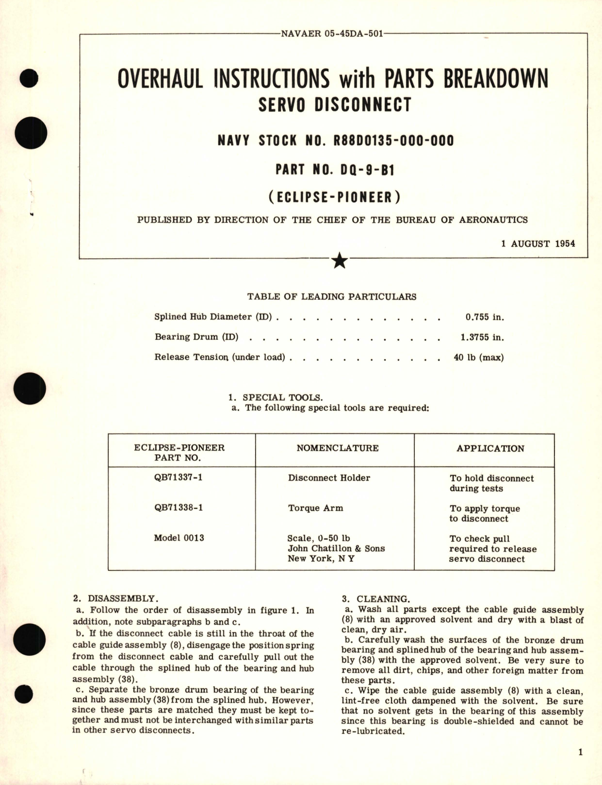 Sample page 1 from AirCorps Library document: Overhaul Instructions with Parts Breakdown for Servo Disconnect Part No. DQ-9