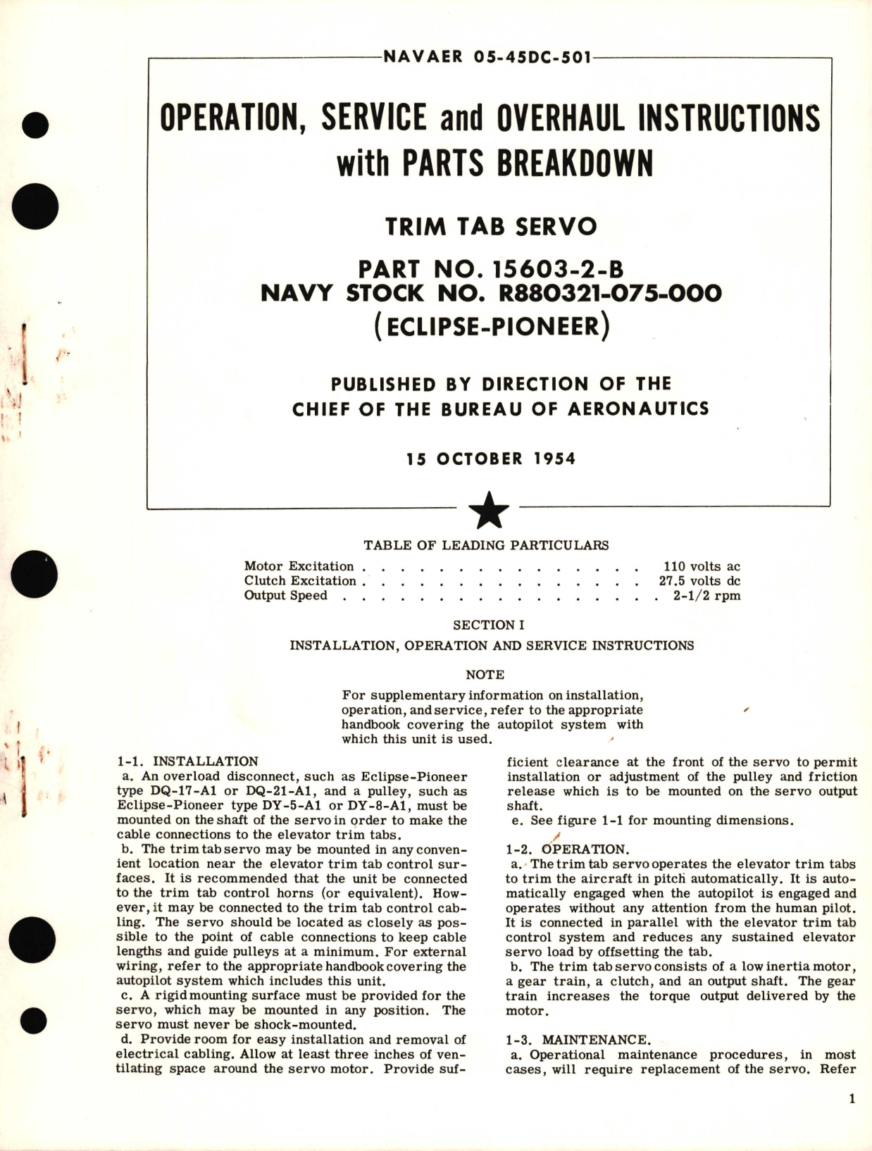 Sample page 1 from AirCorps Library document: Operation, Service and Overhaul Instructions with Parts Breakdown for Trim Tab Servo Part No. 15603-2-B