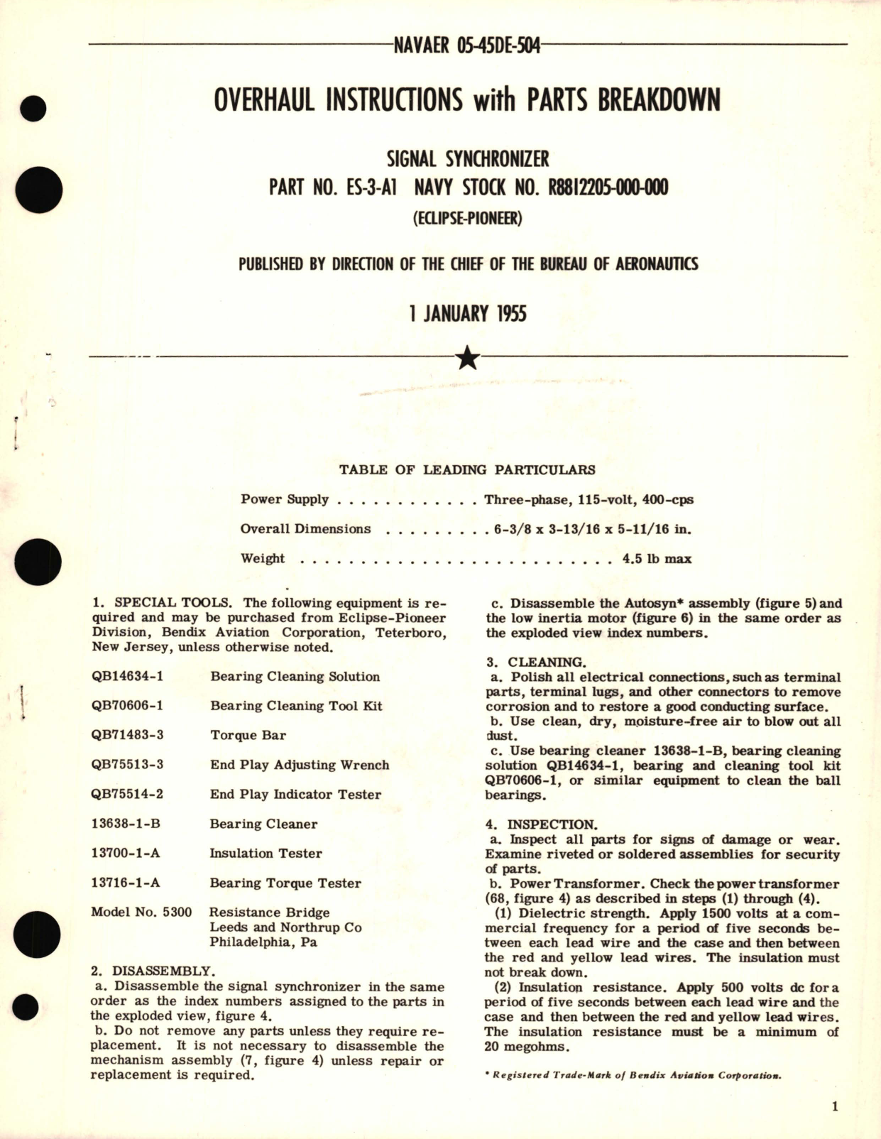 Sample page 1 from AirCorps Library document: Overhaul Instructions with Parts Breakdown for Signal Synchronizer Part No ES-3-A1 