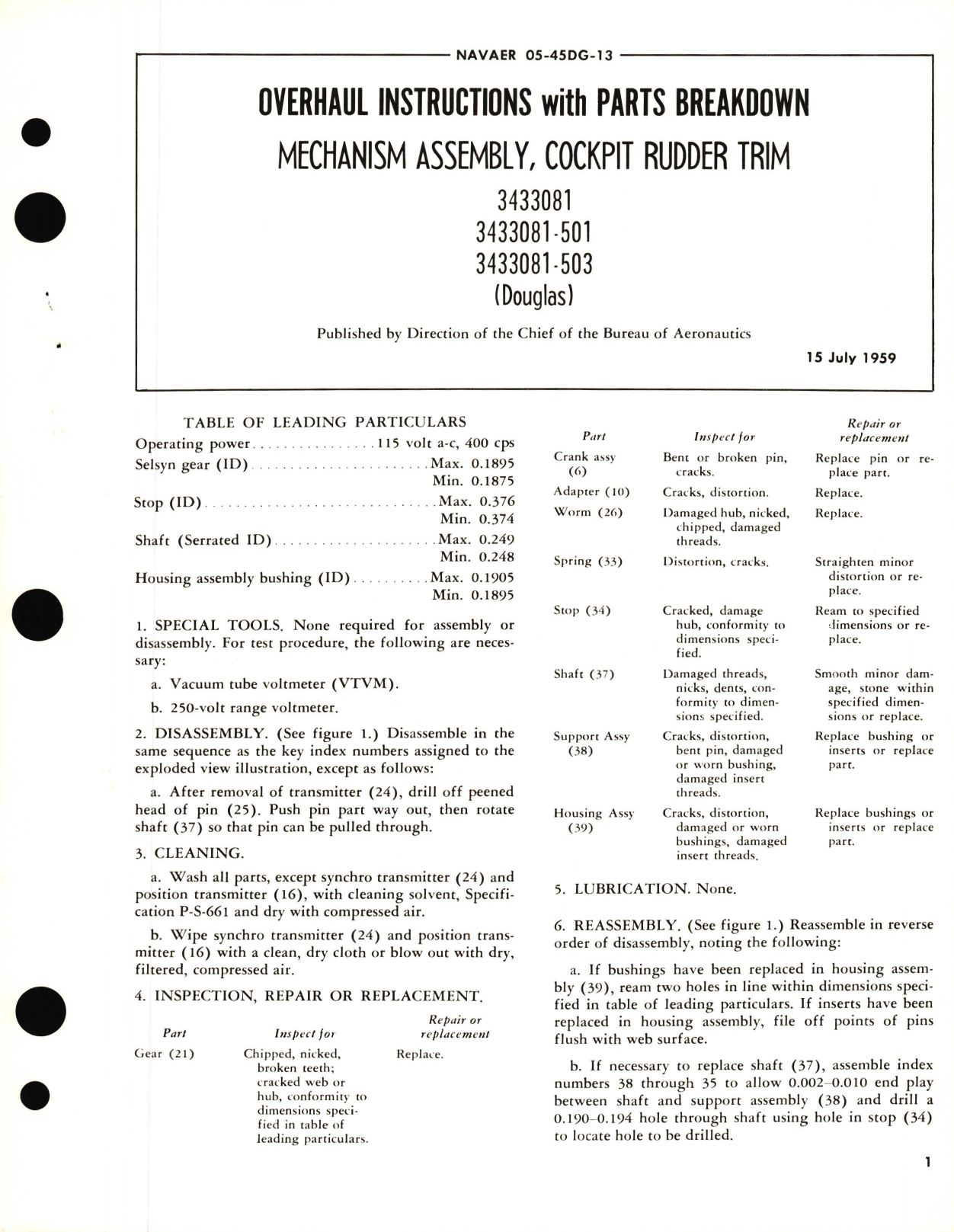 Sample page 1 from AirCorps Library document: Overhaul Instructions with Parts Breakdown for Mechanism Assembly, Cockpit Rudder Trim 3433081, 3433081-501, 3433081-503 