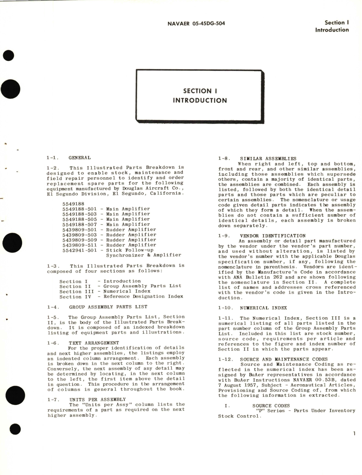 Sample page 5 from AirCorps Library document: Illustrated Parts Breakdown for Main Amplifier 5549188 Series Rudder Amplifier 5439809 Series Stick Follow-Up Synchronizer and Amplifier Part No. 5542941-501