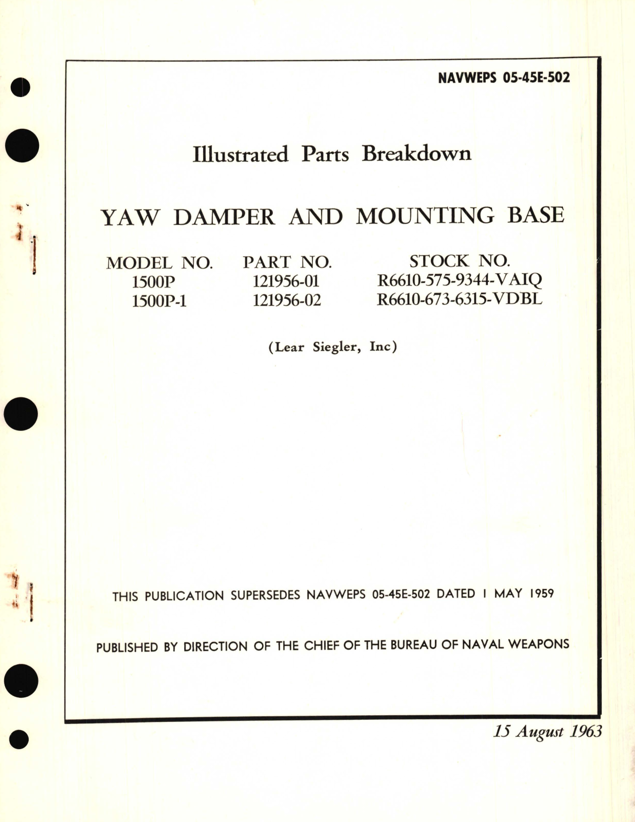 Sample page 1 from AirCorps Library document: Illustrated Parts Breakdown for Yaw Damper and Mounting Base Model No. 1500P Part No. 121956