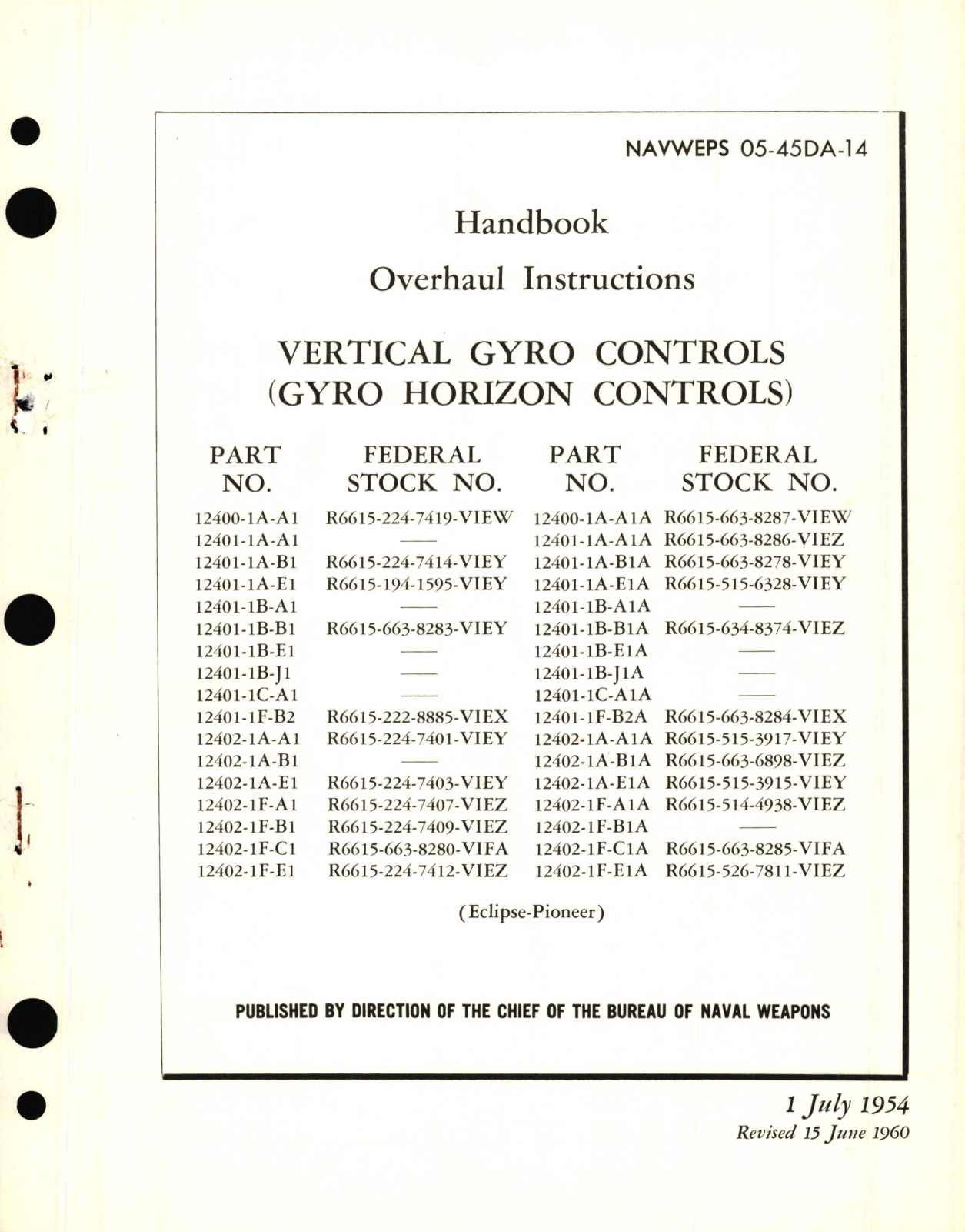 Sample page 1 from AirCorps Library document: Overhaul Instructions for Vertical Gyro Controls (Gyro Horizon Controls) Part No. 12400, 12401, 12402