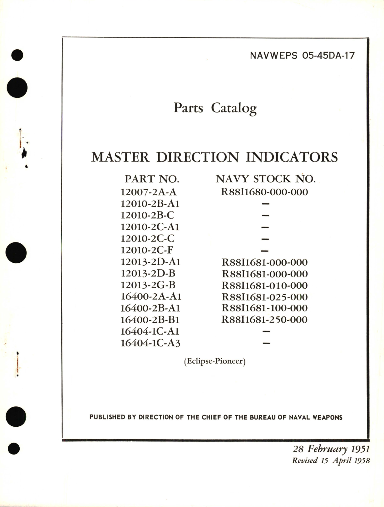 Sample page 1 from AirCorps Library document: Parts Catalog for Master Direction Indicators Part No. 12007, 12010, 12013, 16400, 16404 