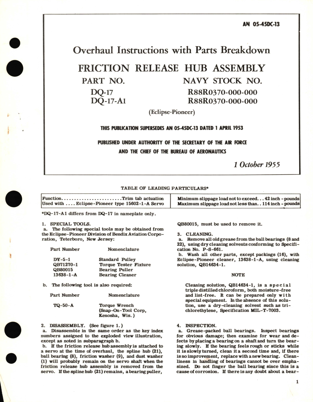 Sample page 1 from AirCorps Library document: Overhaul Instructions with Parts Breakdown for Friction Release Hub Assembly Part No. DQ-17