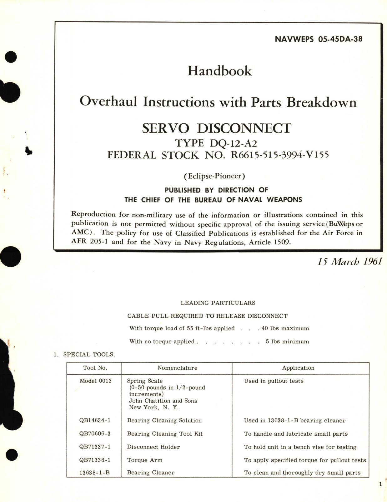 Sample page 1 from AirCorps Library document: Overhaul Instructions with Parts Breakdown for Servo Disconnect Type DQ-12-A2 