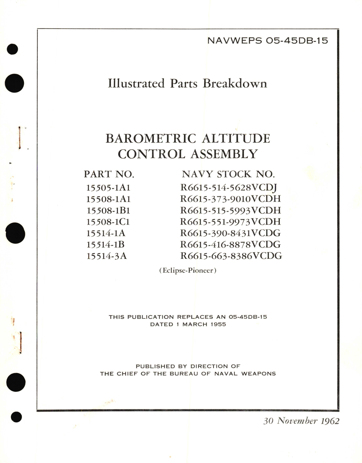 Sample page 1 from AirCorps Library document: Illustrated Parts Breakdown for Barometric Altitude Control Assembly Part No. 15505, 15508, 15514 