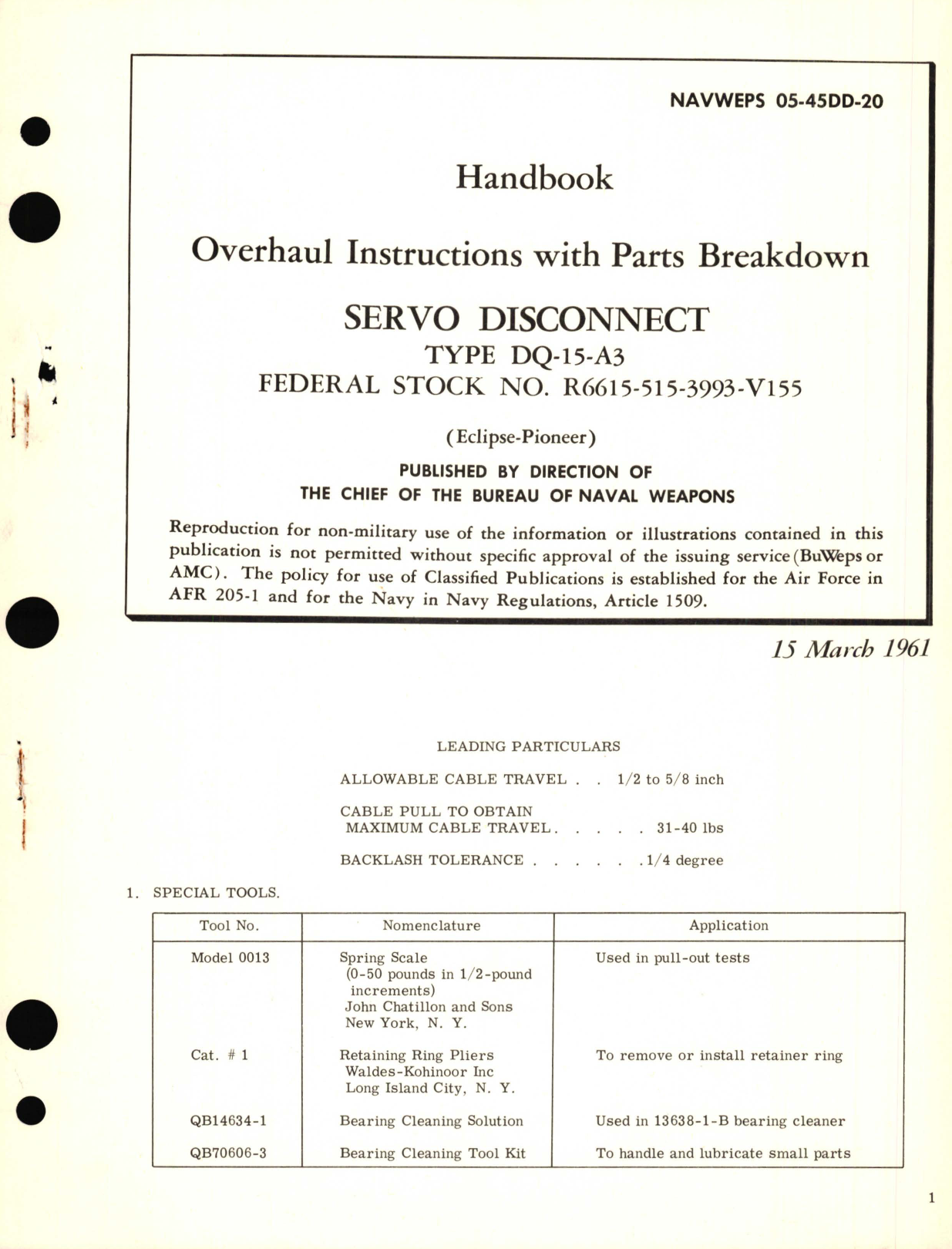 Sample page 1 from AirCorps Library document: Overhaul Instructions with Parts Breakdown for Servo Disconnect Type DQ-15-A3 