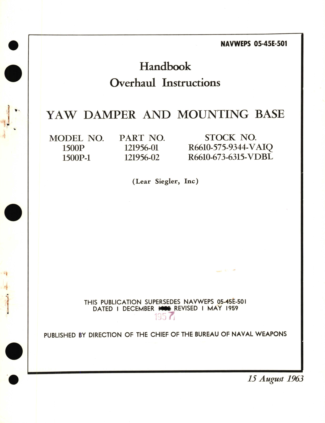 Sample page 1 from AirCorps Library document: Overhaul Instructions for Yaw Damper and Mounting Base Model No. 1500P Part No. 121956 