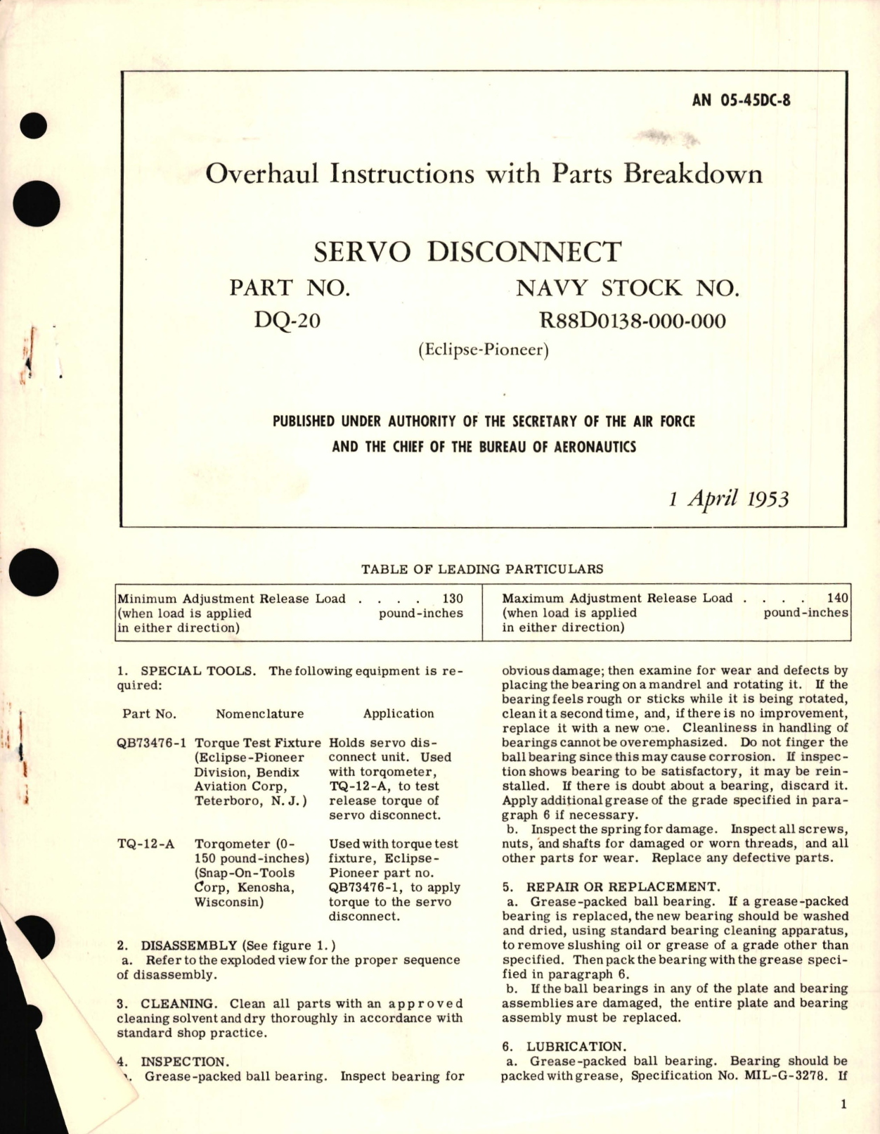 Sample page 1 from AirCorps Library document: Overhaul Instructions with Parts Breakdown for Servo Disconnect Part No. DQ-20 