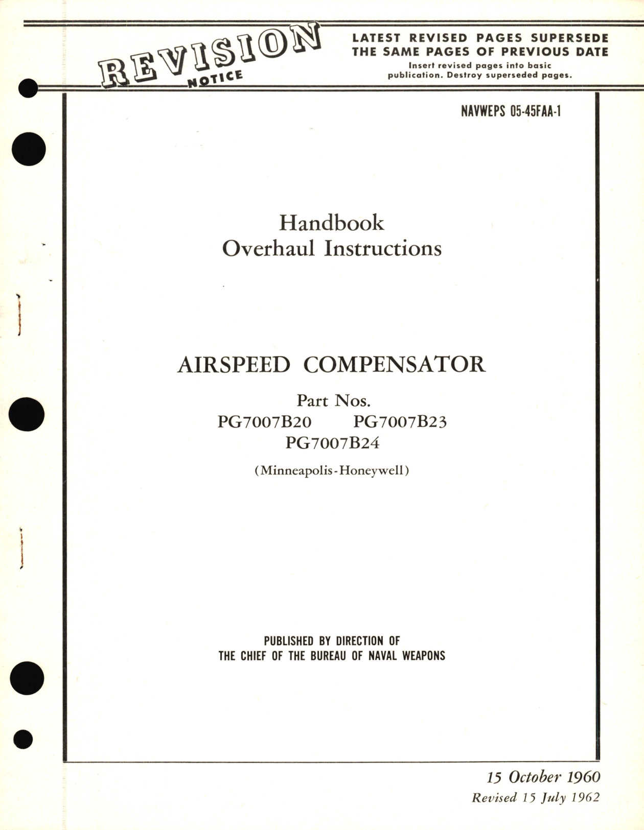 Sample page 1 from AirCorps Library document: Overhaul Instructions for Airspeed Compensator Part No. PG7007B20, PG7007B23, PG7007B24