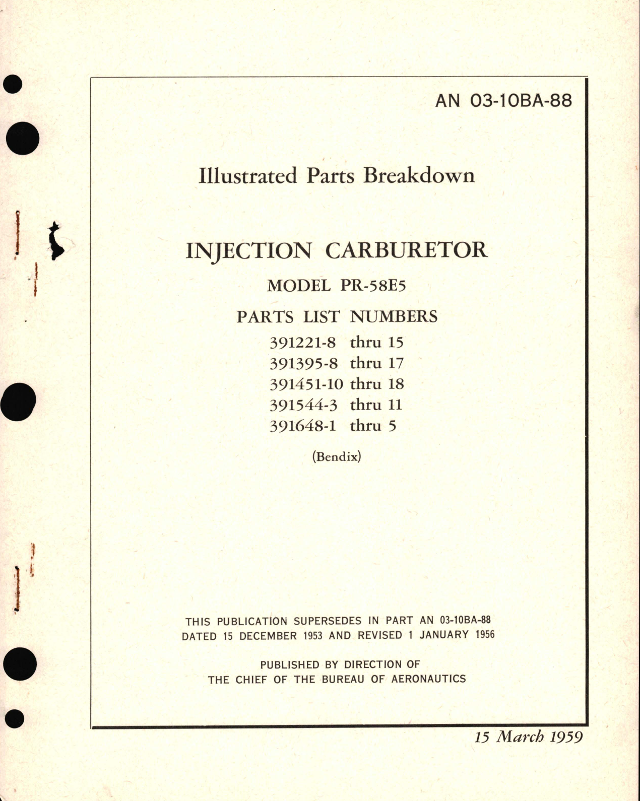 Sample page 1 from AirCorps Library document: Illustrated Parts Breakdown for Injection Carburetor Model PR-58E5 Parts List 391221, 391395, 391451, 391544, 391648