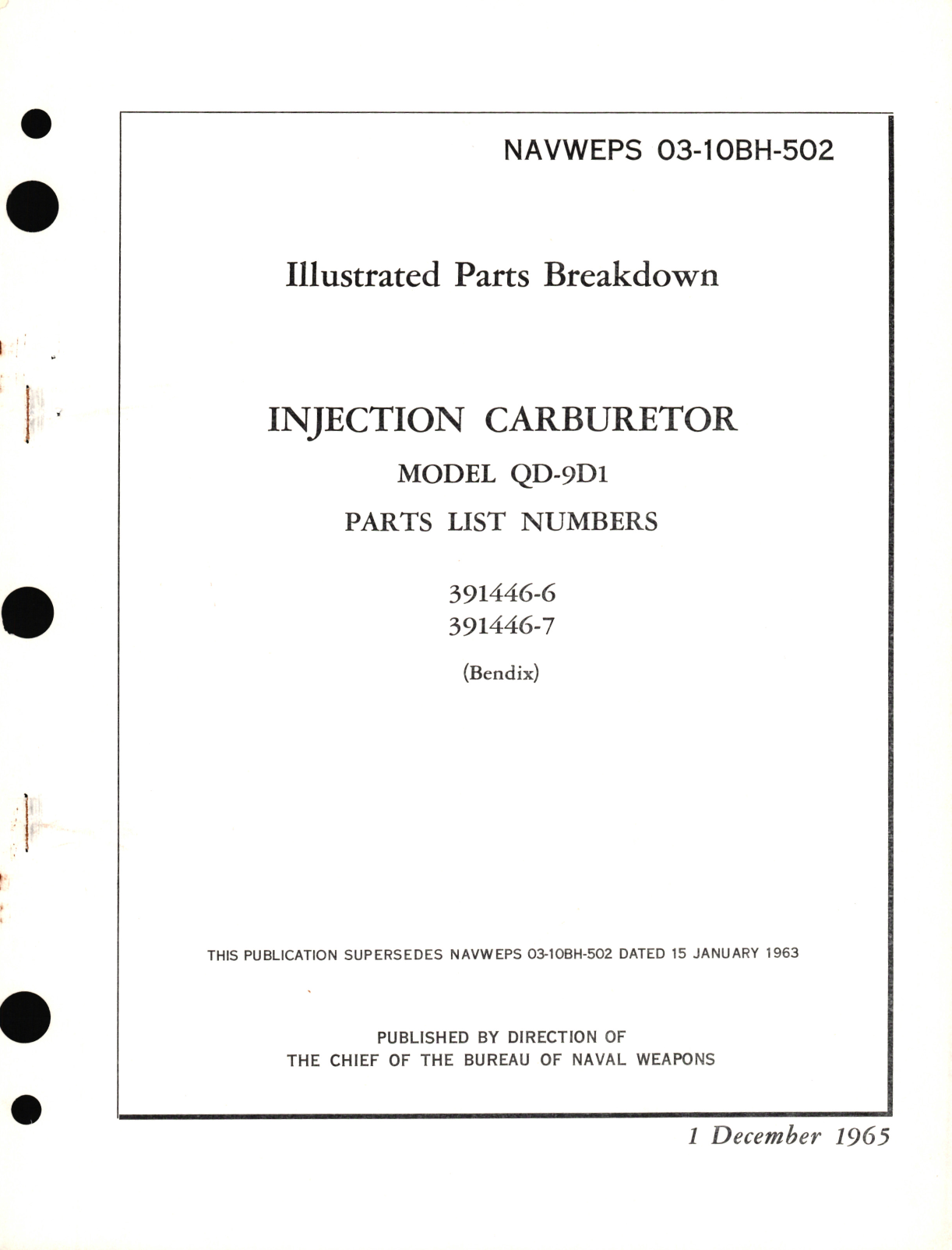 Sample page 1 from AirCorps Library document: Illustrated Parts Breakdown for Injection Carburetor Model QD-9D1 Parts List No. 391446-7, 391446-6