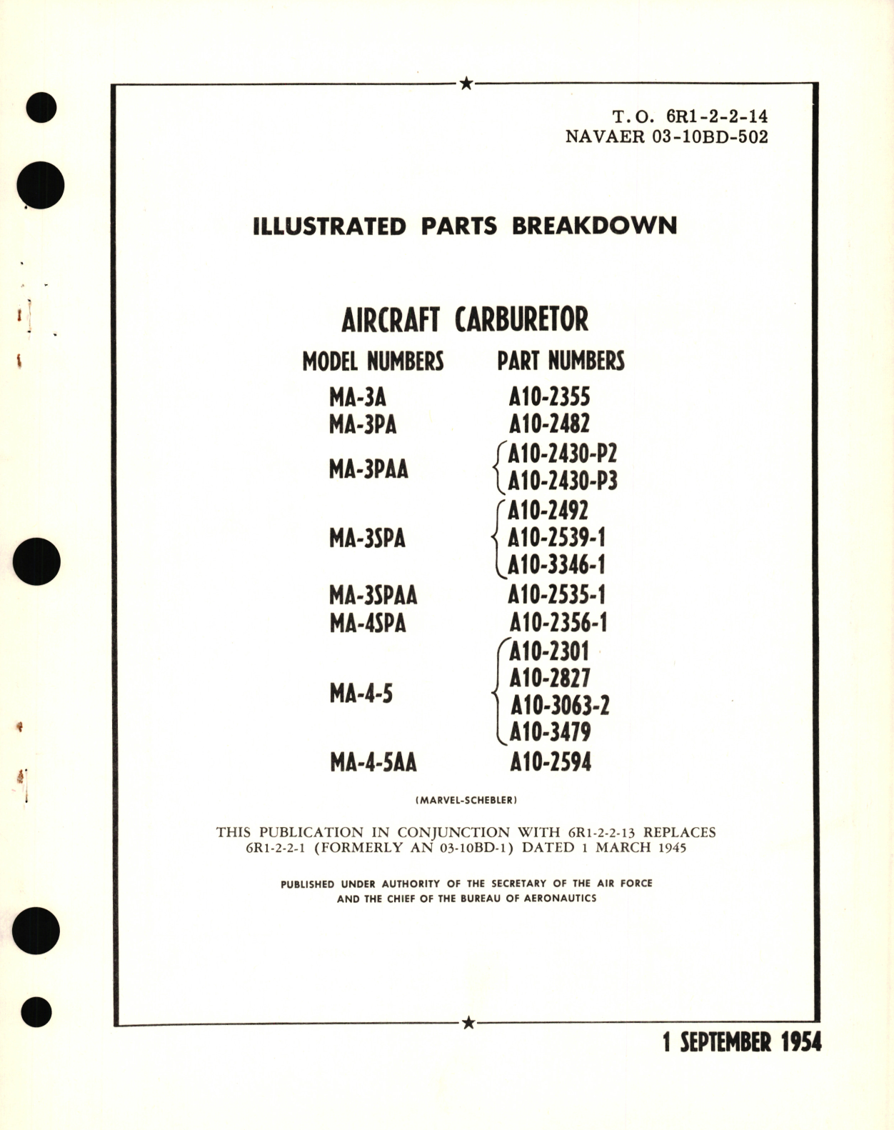 Sample page 1 from AirCorps Library document: Illustrated Parts Breakdown for Aircraft Carburetor Model  No. MA, Part No. A10