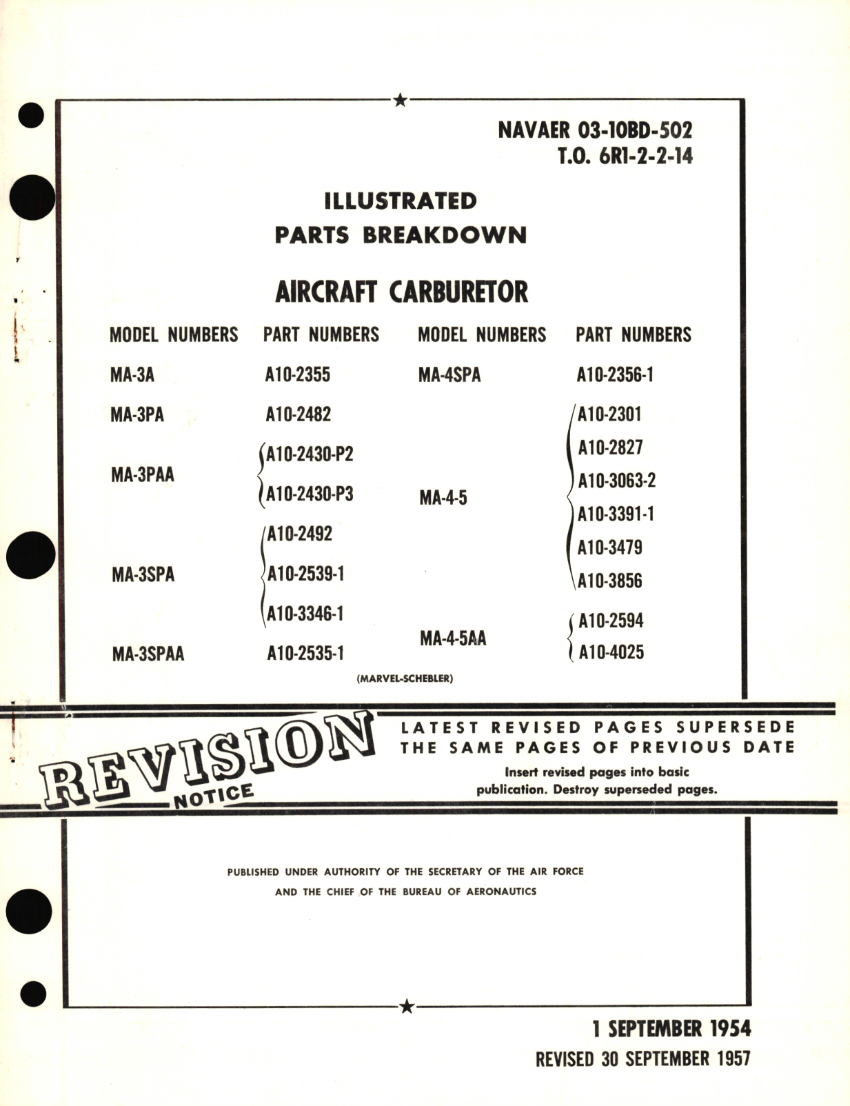 Sample page 1 from AirCorps Library document: Illustrated Parts Breakdown for Aircraft Carburetor Model No. MA Part No. A10