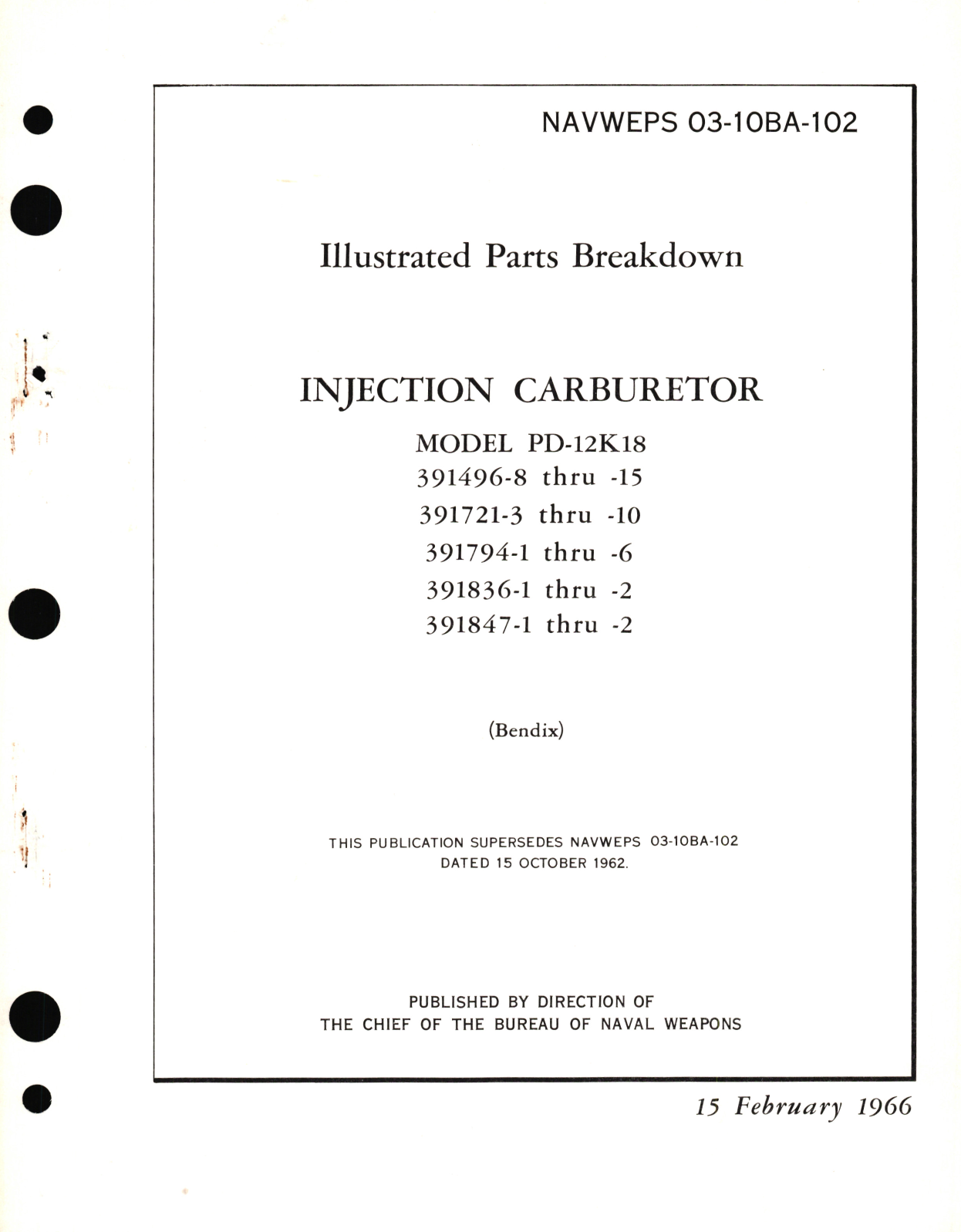 Sample page 1 from AirCorps Library document: Illustrated Parts Breakdown for Injection Carburetor Model PD-12K18, 291496, 391721, 291794, 391836, 391847 