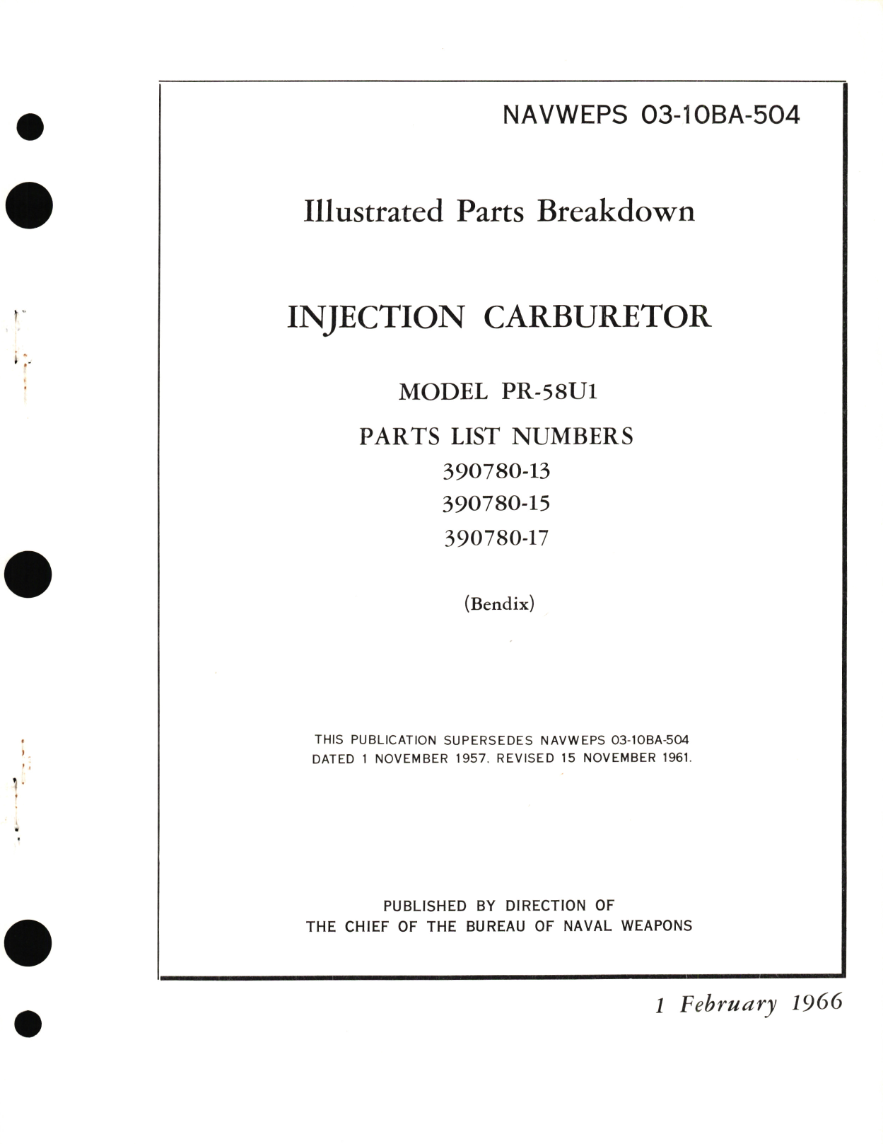 Sample page 1 from AirCorps Library document: Illustrated Parts Breakdown for Injection Carburetor Model PR-58U1 Parts List No. 390780-13, 390780-15, 390780-17